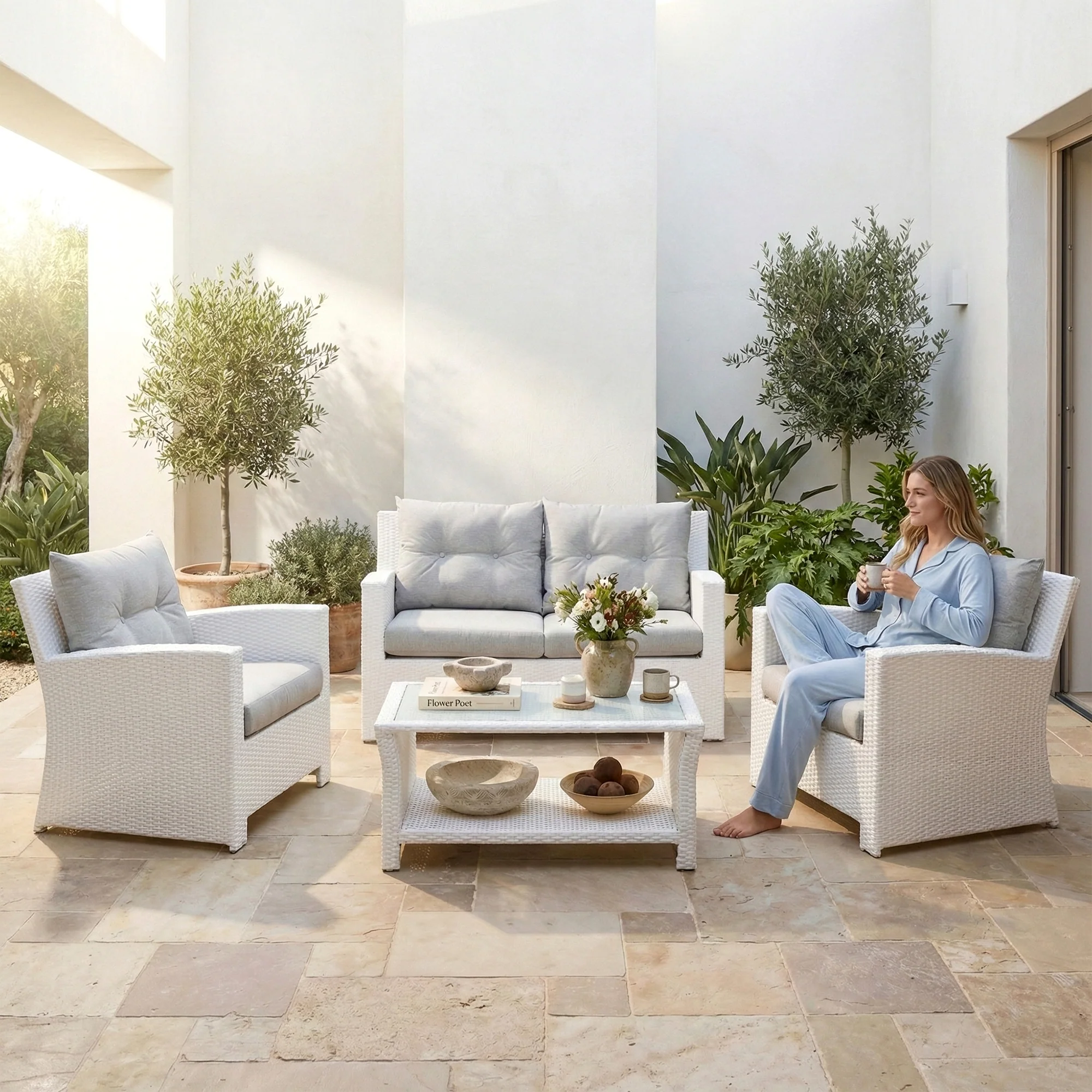 Adara Outdoor Sofa Set 2 Seater, 2 Single seater and 1 Center Table (White) - Image 2