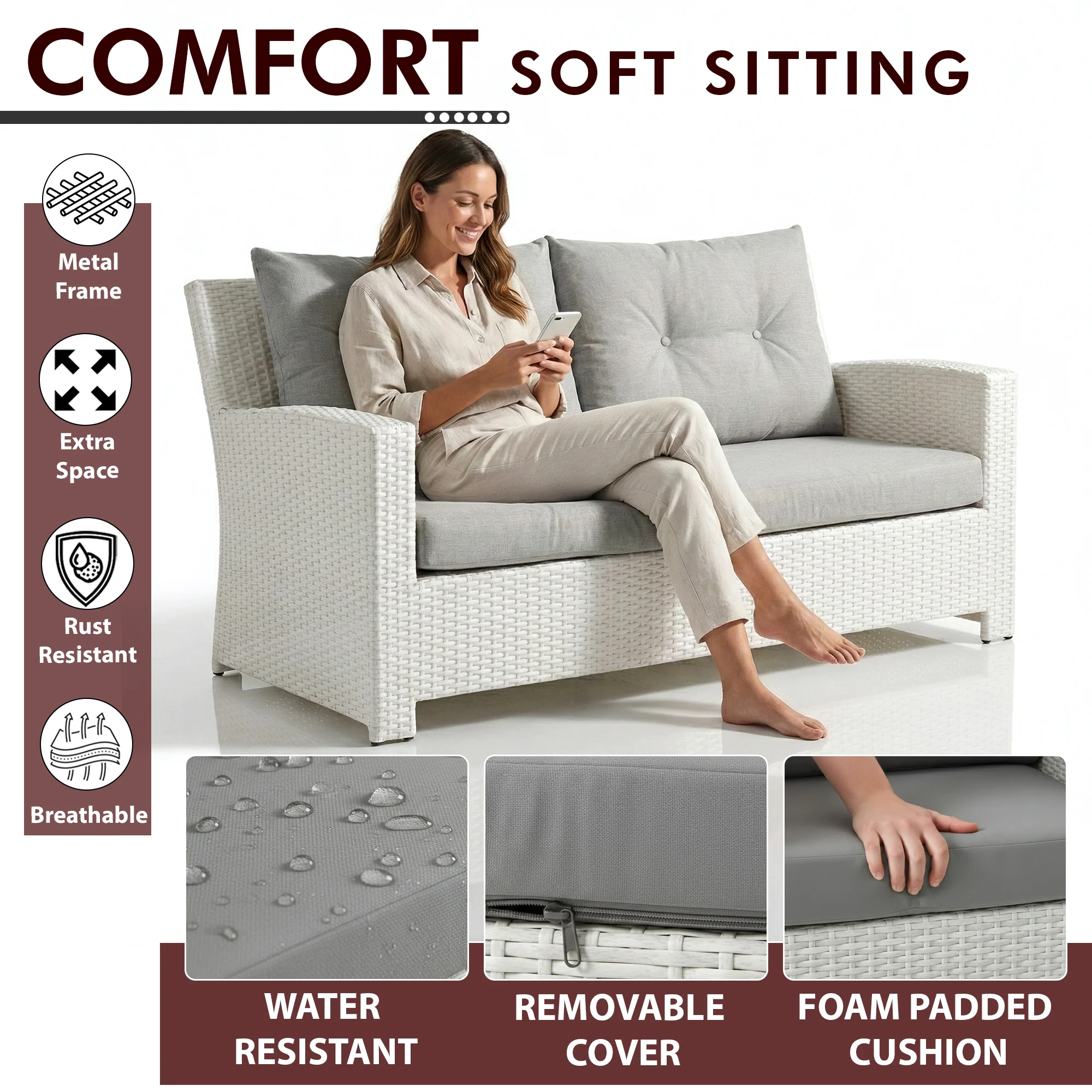 Adara Outdoor Sofa Set 2 Seater, 2 Single seater and 1 Center Table (White) - Image 4