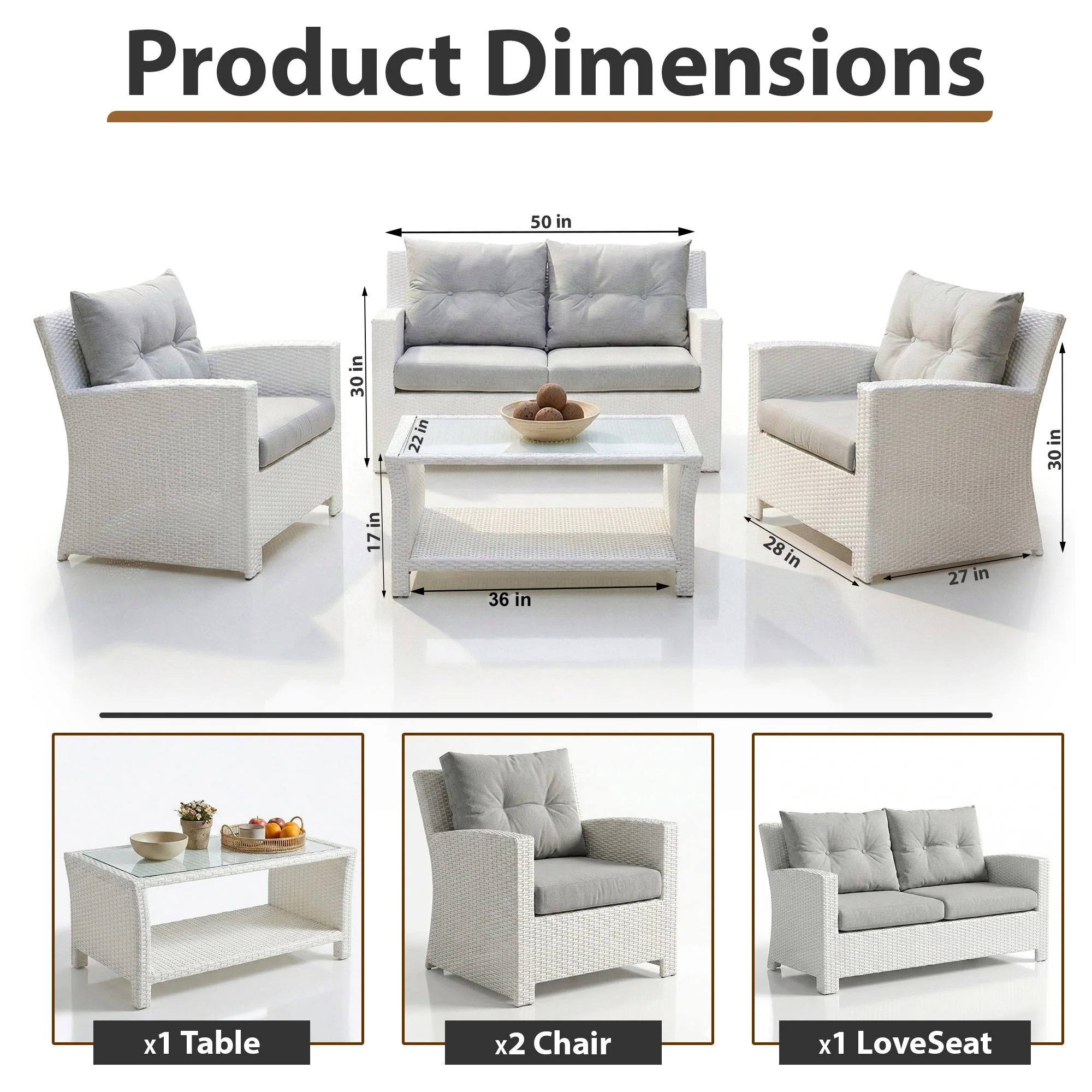 Adara Outdoor Sofa Set 2 Seater, 2 Single seater and 1 Center Table (White) - Image 8