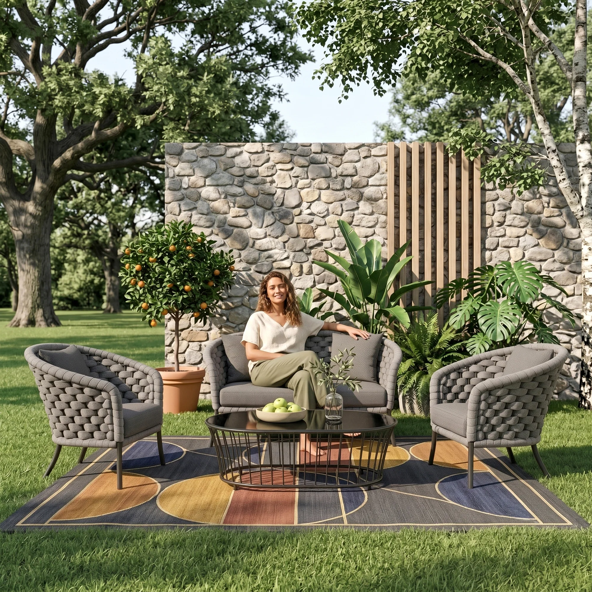 Aero Outdoor Garden Balcony Sofa Set 2 Seater , 2 Single Seater 1 Center Table Set (Grey) Braided and Rope - Image 2