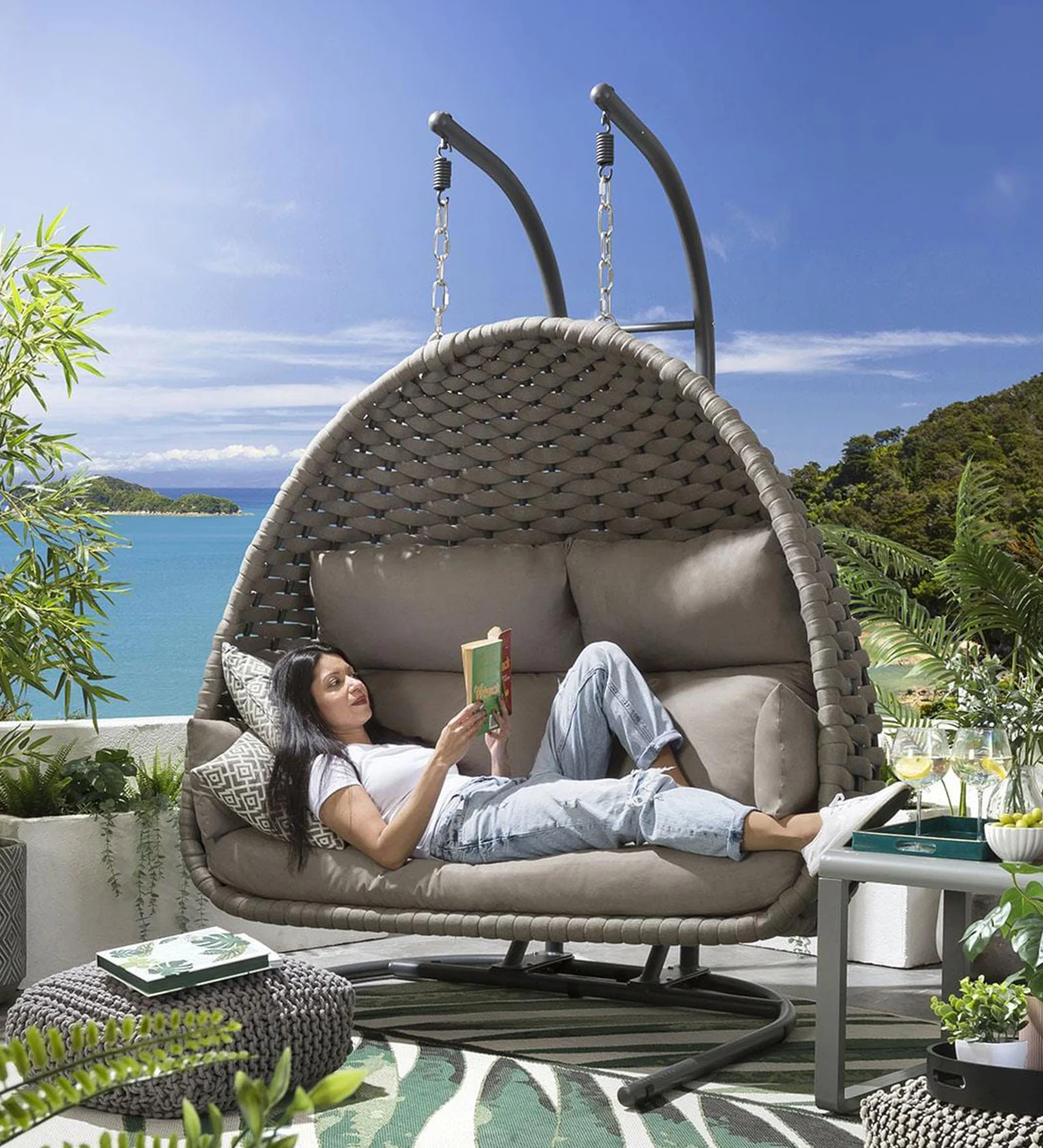 Afon Double Seater Hanging Swing With Stand For Balcony, Garden Swing (Silk Grey) Braid & Rope - Image 5