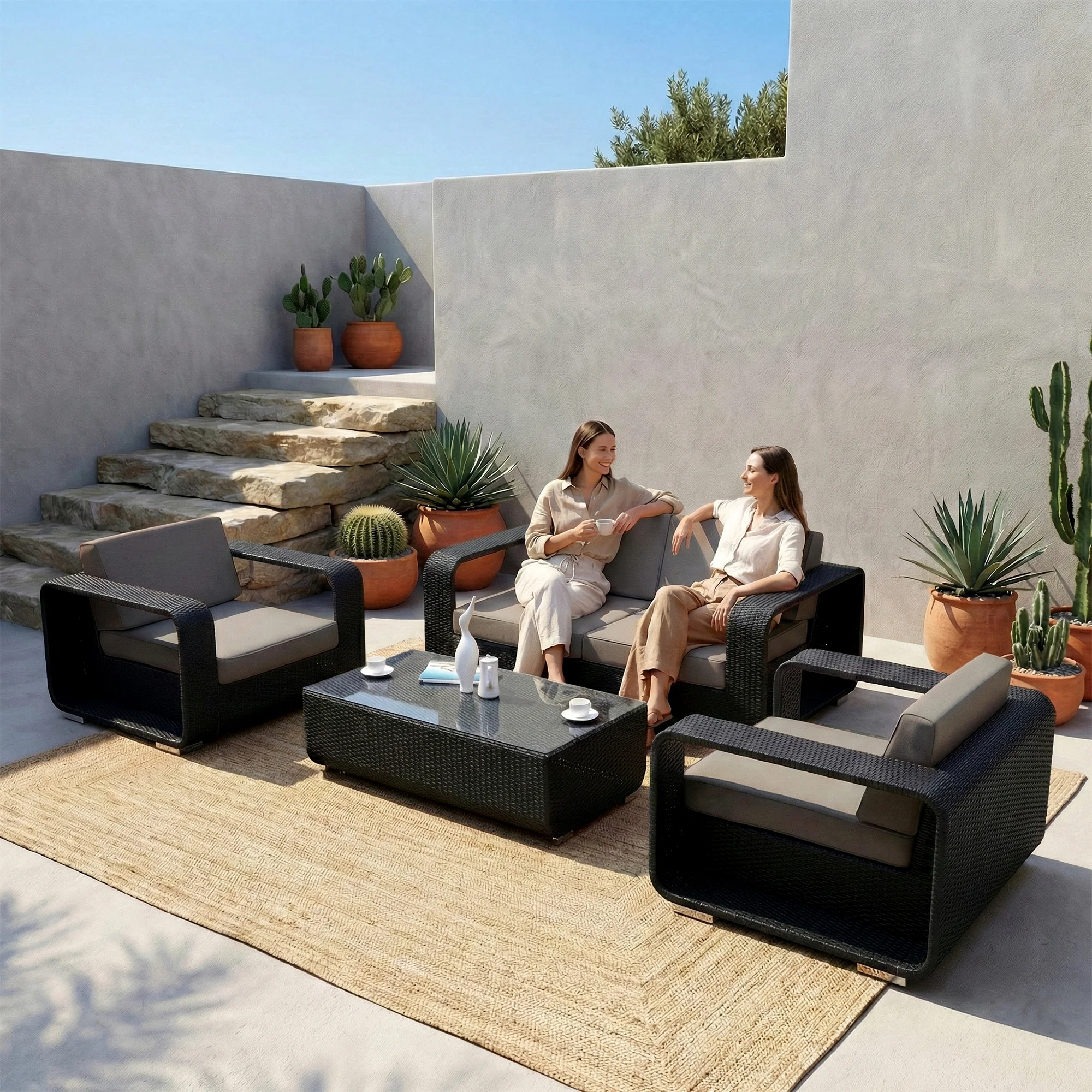 Akrivi Outdoor Sofa Set 2 Seater, 2 Single seater , 1 Center table (Black) - Image 3