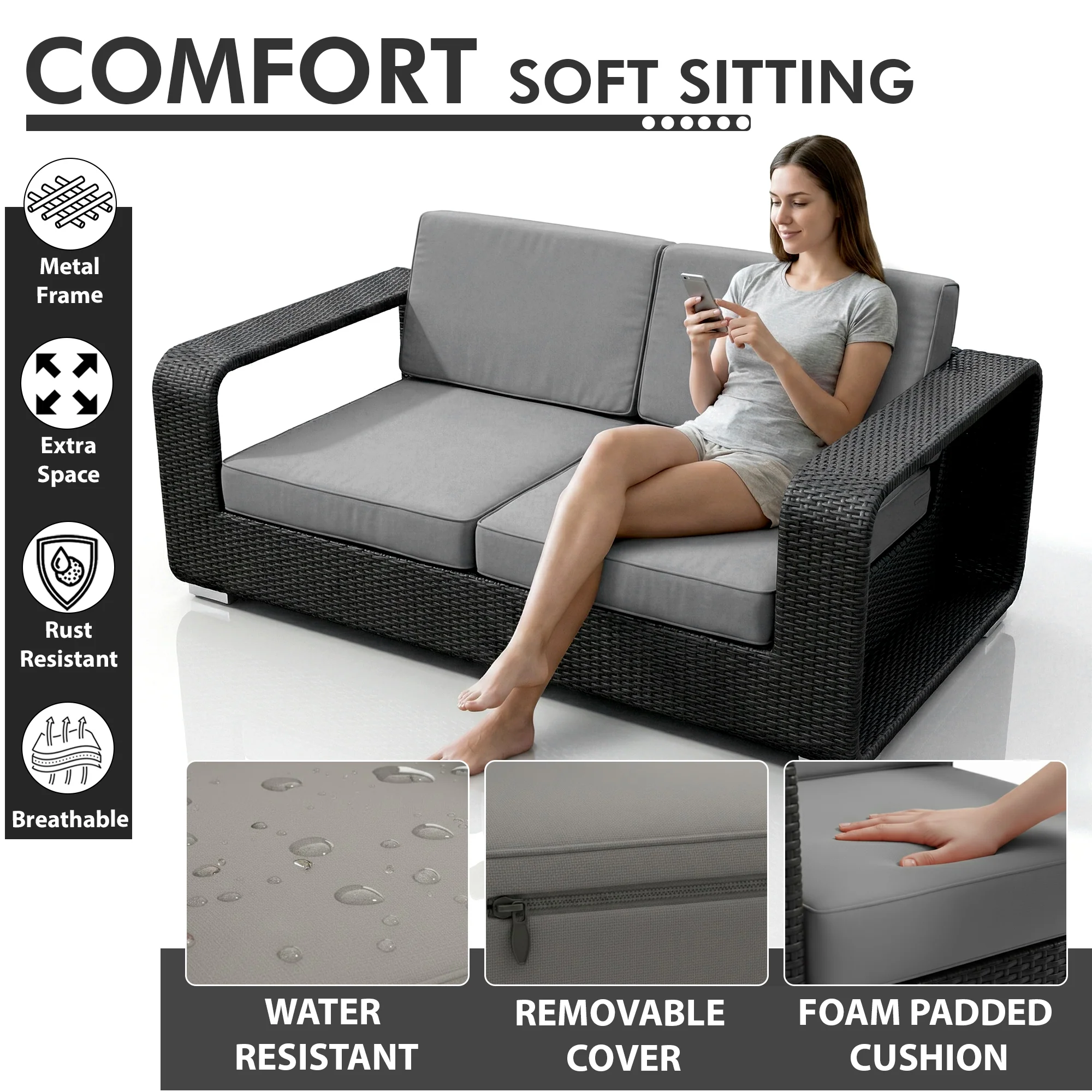 Akrivi Outdoor Sofa Set 2 Seater, 2 Single seater , 1 Center table (Black) - Image 5