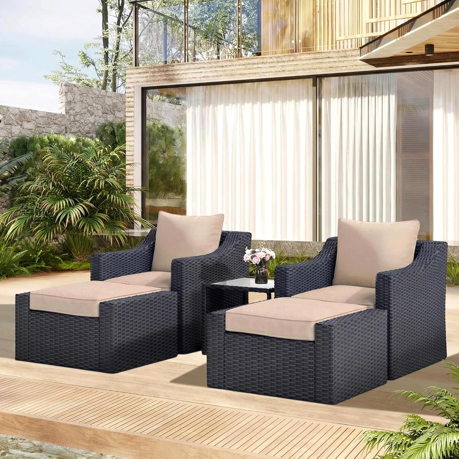 Allesi Outdoor Patio Sofa Set 2 Single Seater , 2 ottoman and 1 Center Table Set (Black) - Image 2