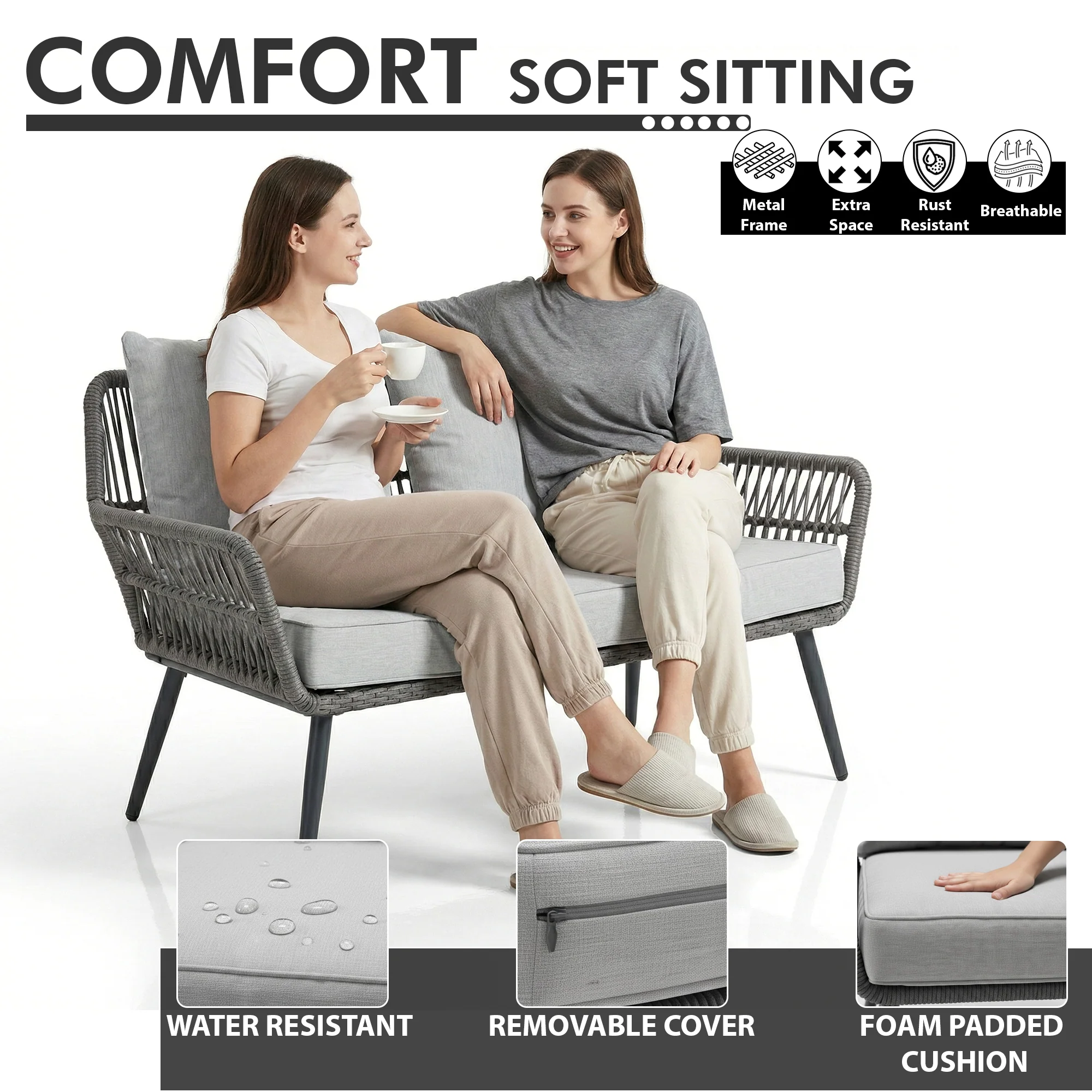 Alveré Outdoor Sofa Set 2 Seater, 2 Single seater and 1 Center Table (Grey) Braid & Rope - Image 5