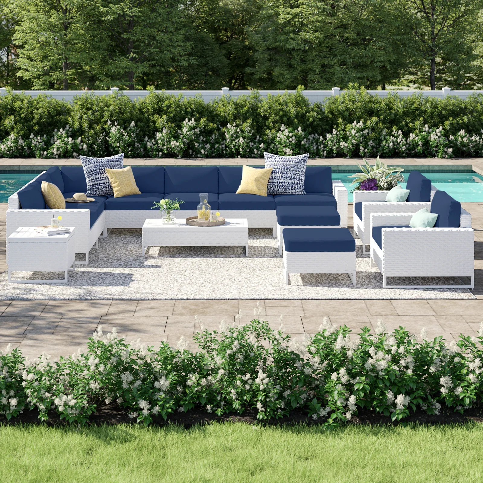 Angerona Outdoor Sofa Set 7 Seater, 2 Single seater and 1 Center Table, 1 Side Table With 2 Ottoman Set (White) - Image 11