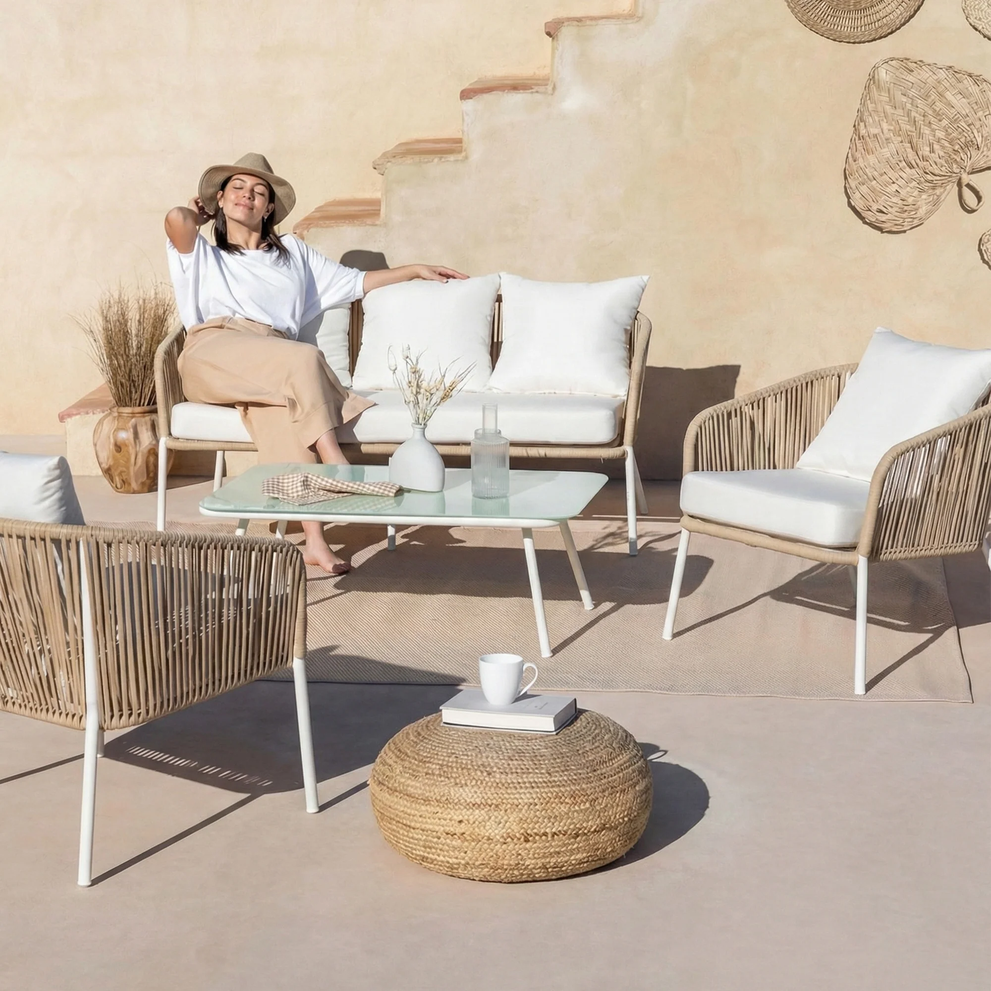 Rumi Outdoor Garden Balcony Sofa Set 3 Seater , 2 Single Seater 1 Center Table Set (White) Braided and Rope - Image 2