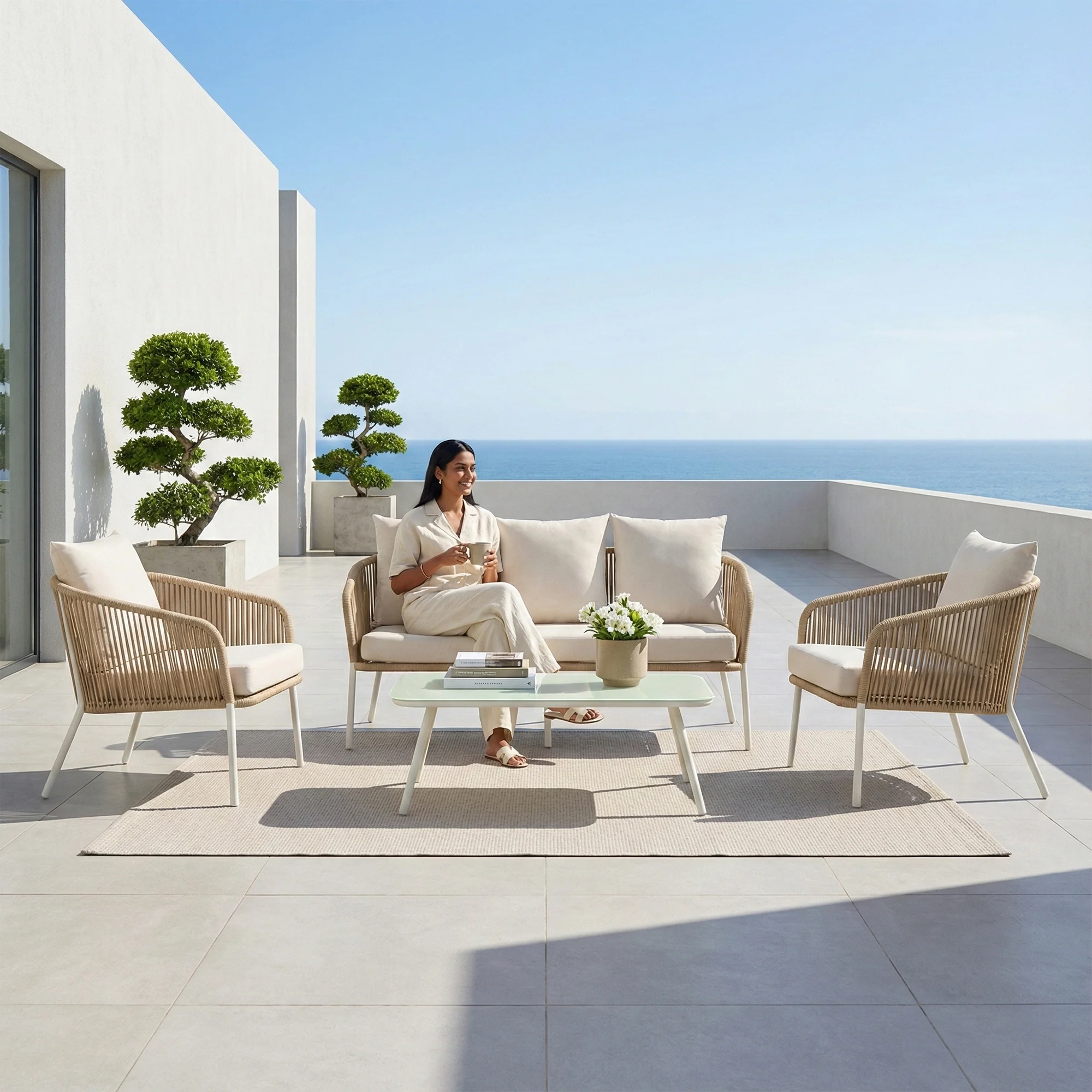 Rumi Outdoor Garden Balcony Sofa Set 3 Seater , 2 Single Seater 1 Center Table Set (White) Braided and Rope - Image 3