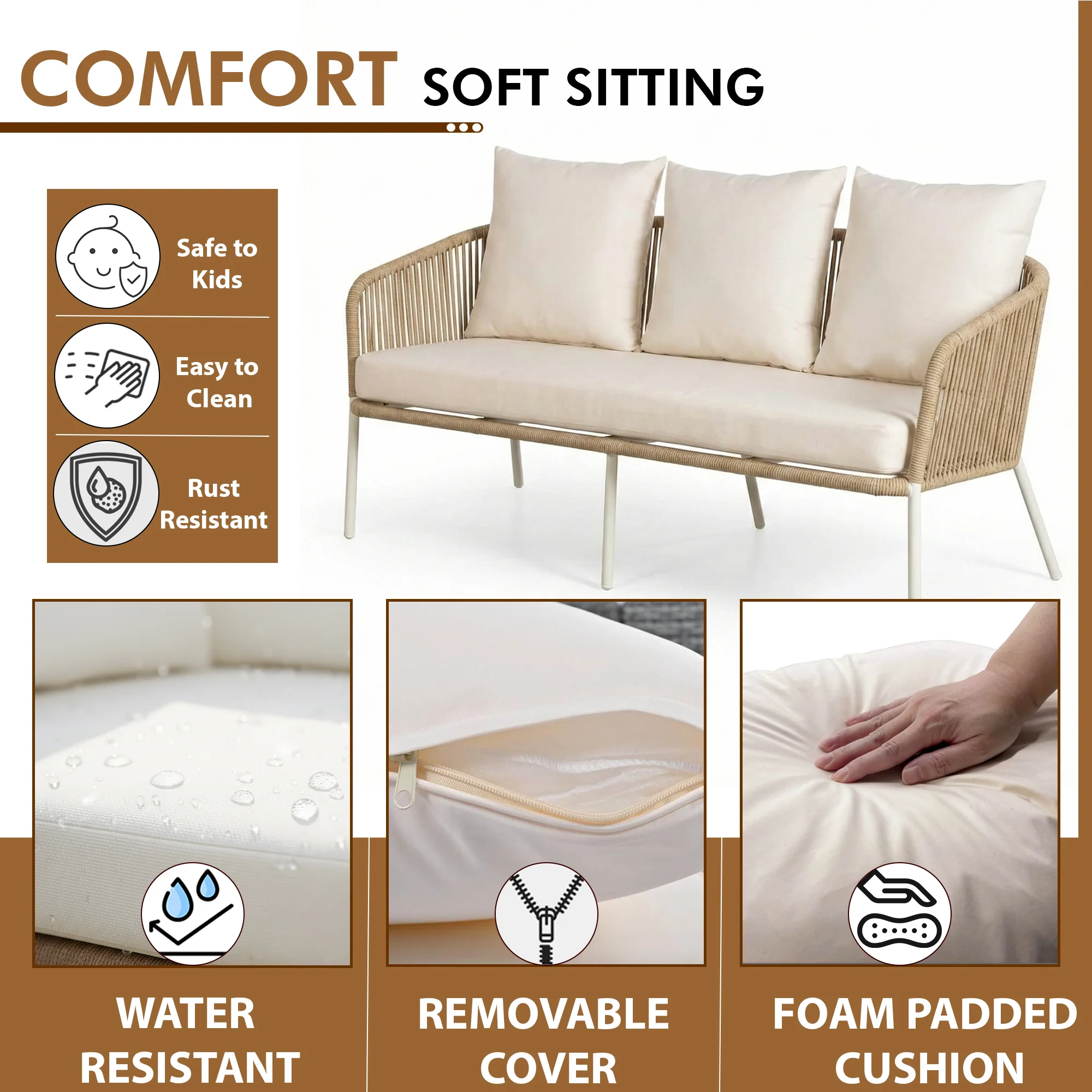 Rumi Outdoor Garden Balcony Sofa Set 3 Seater , 2 Single Seater 1 Center Table Set (White) Braided and Rope - Image 4
