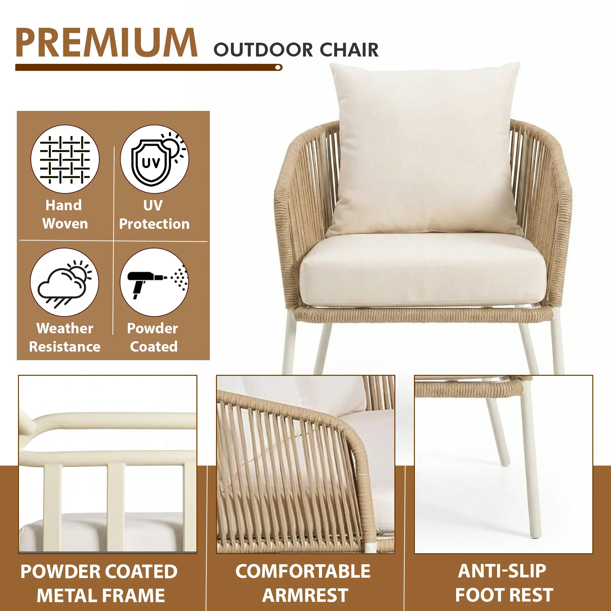 Rumi Outdoor Garden Balcony Sofa Set 3 Seater , 2 Single Seater 1 Center Table Set (White) Braided and Rope - Image 5