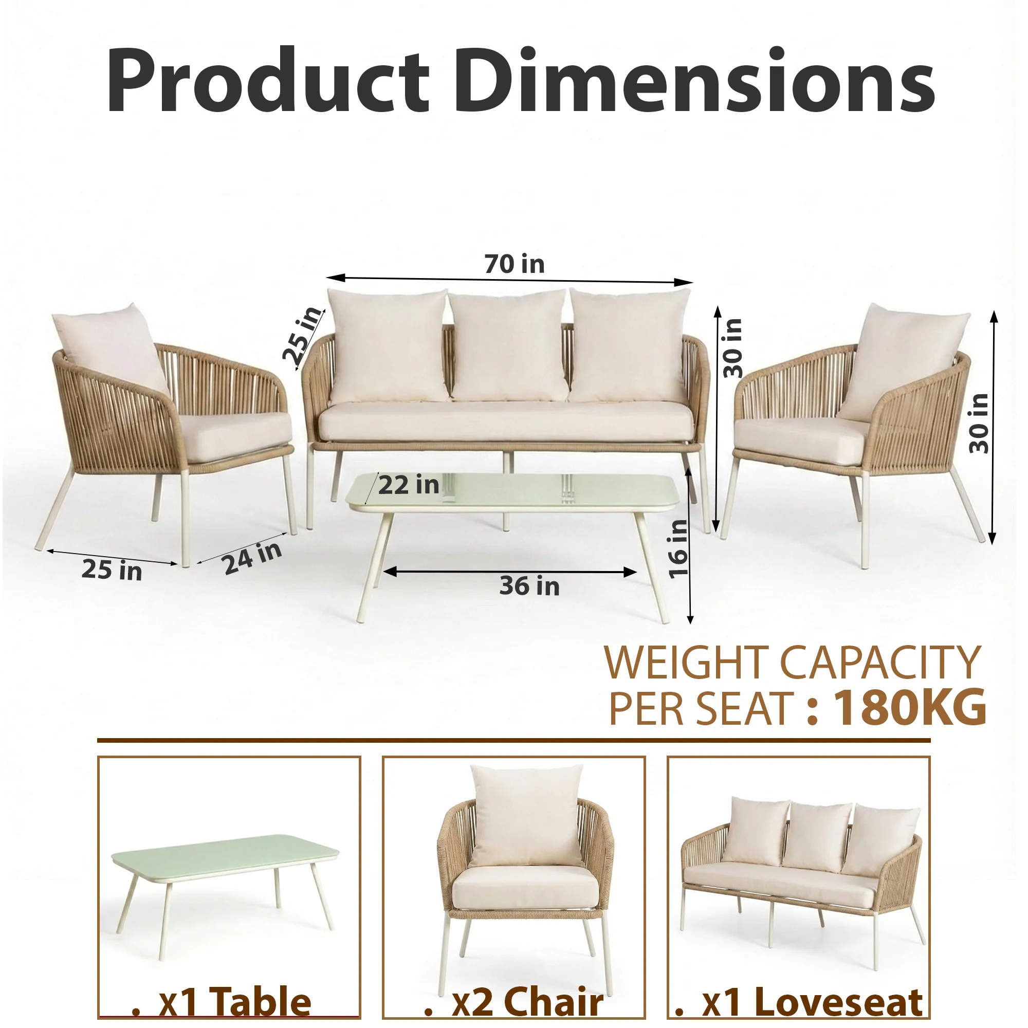 Rumi Outdoor Garden Balcony Sofa Set 3 Seater , 2 Single Seater 1 Center Table Set (White) Braided and Rope - Image 8