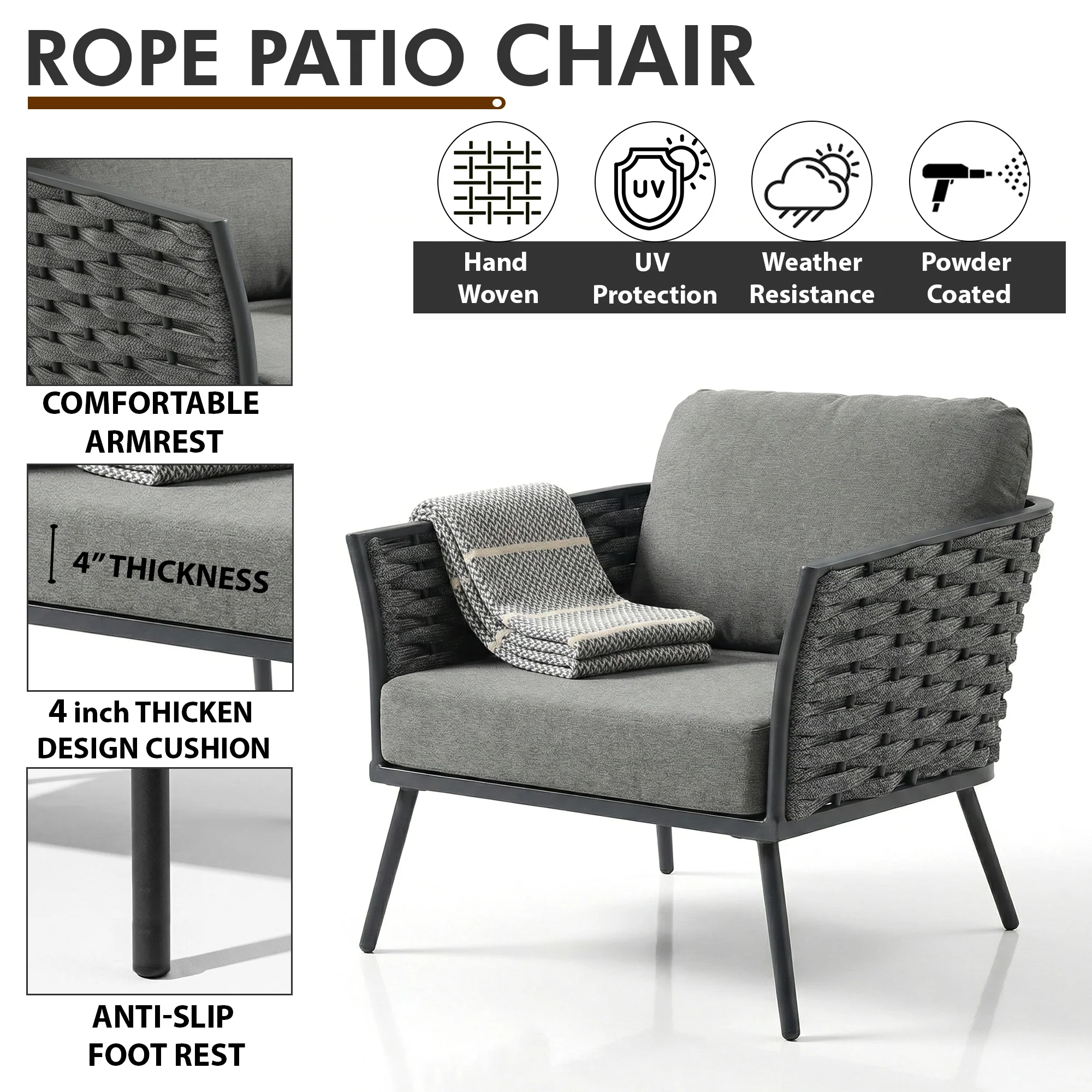 Belly Outdoor Garden Balcony Sofa Set 3 Seater,2 seater and Single Seater With 1 Center Table (Grey) Braid & Rope - Image 5