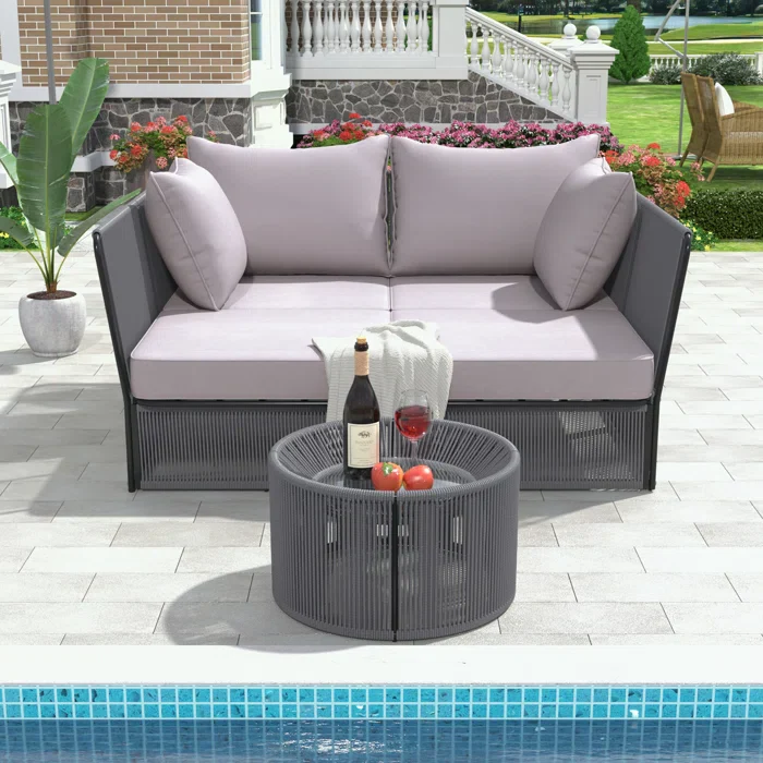 Benito Outdoor Poolside Sunbed With Cushion Daybed And Side Table (Braided & Rope) - Image 13