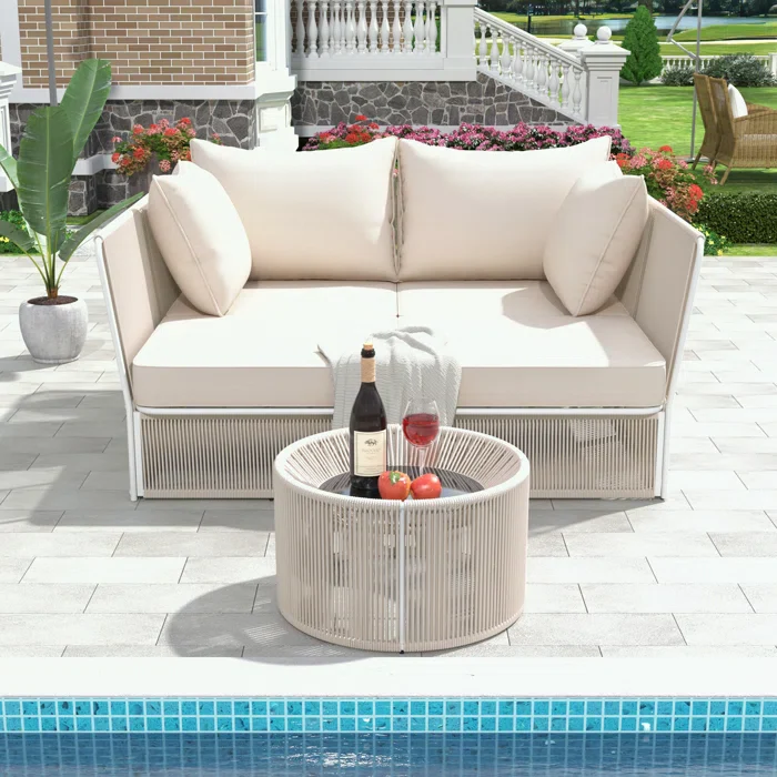 Benito Outdoor Poolside Sunbed With Cushion Daybed And Side Table (Braided & Rope) - Image 2