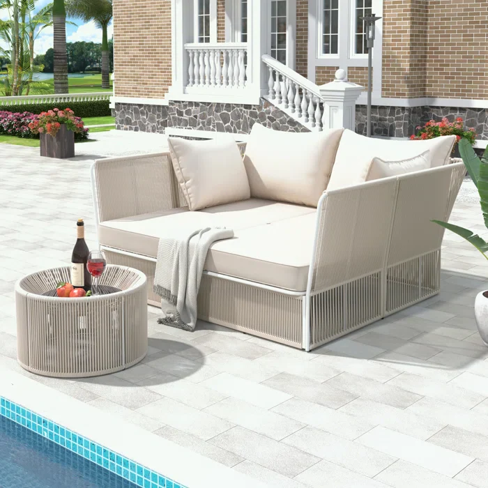 Benito Outdoor Poolside Sunbed With Cushion Daybed And Side Table (Braided & Rope) - Image 3