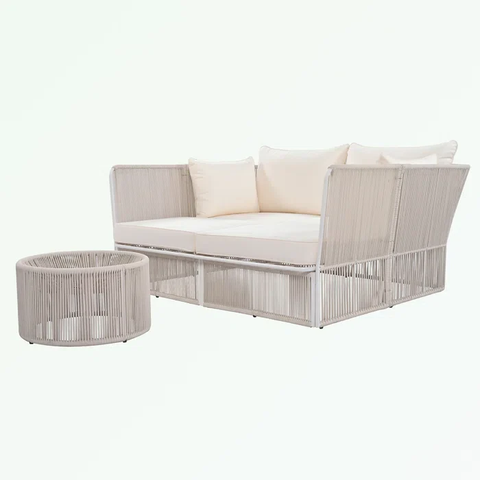 Benito Outdoor Poolside Sunbed With Cushion Daybed And Side Table (Braided & Rope) - Image 4