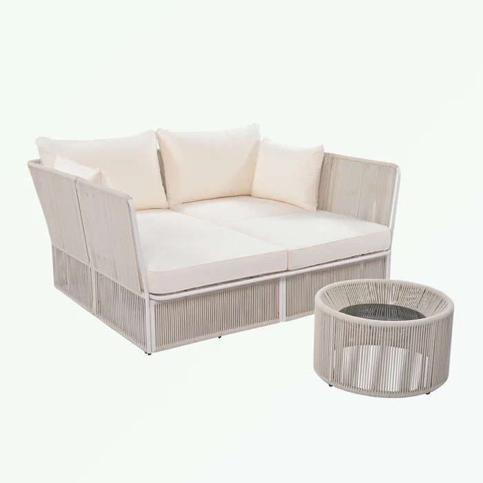 Benito Outdoor Poolside Sunbed With Cushion Daybed And Side Table (Braided & Rope) - Image 6