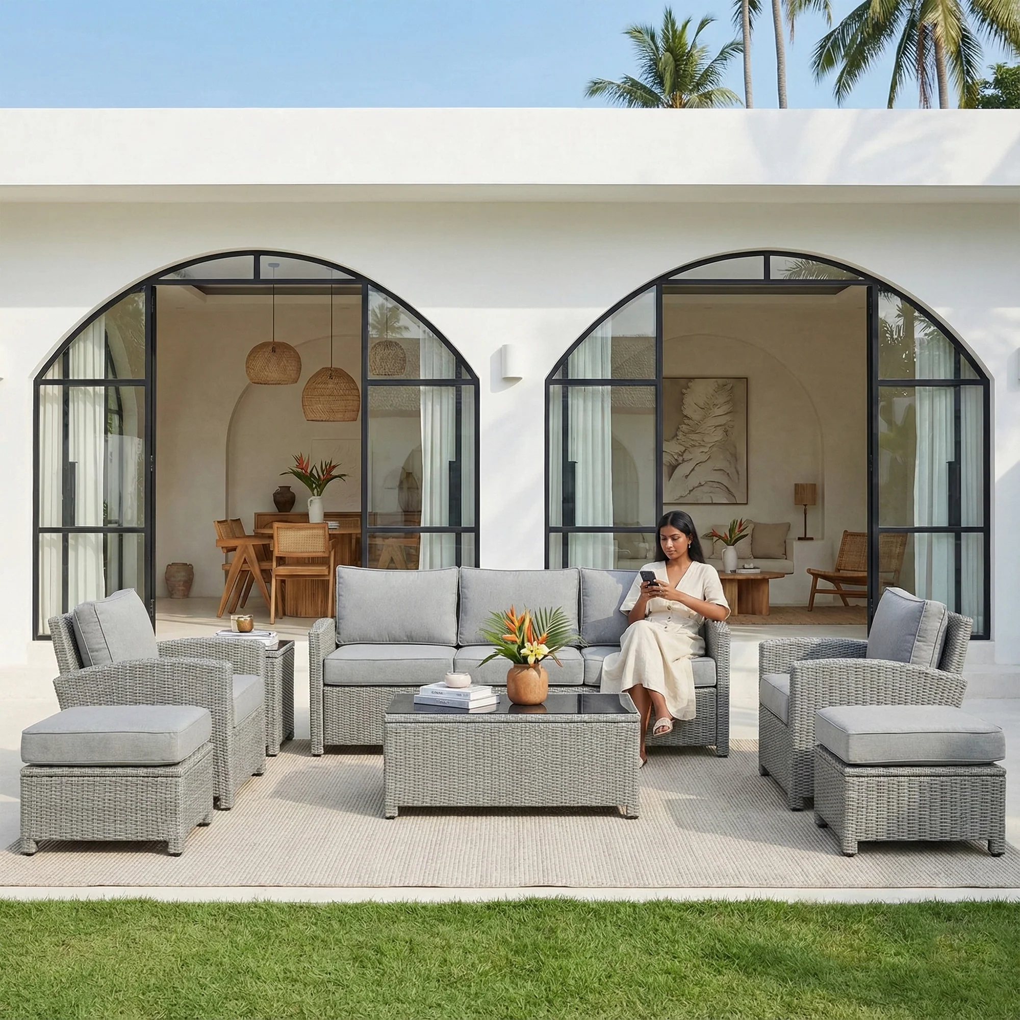 Bien Outdoor Garden Balcony Sofa Set 3 Seater, 2 Single seater, 2 Ottoman and 1 Center Table Conversation Set (Grey) - Image 4