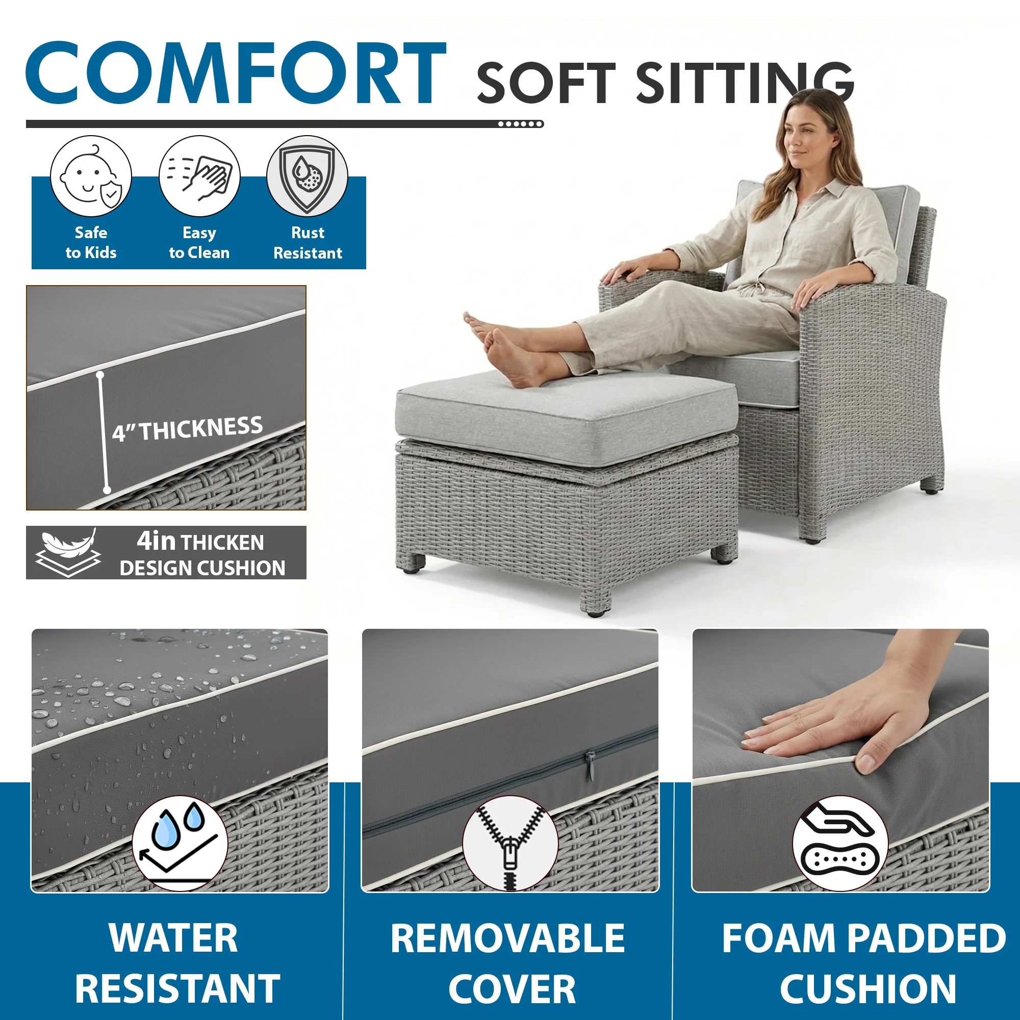 Bien Outdoor Garden Balcony Sofa Set 3 Seater, 2 Single seater, 2 Ottoman and 1 Center Table Conversation Set (Grey) - Image 5