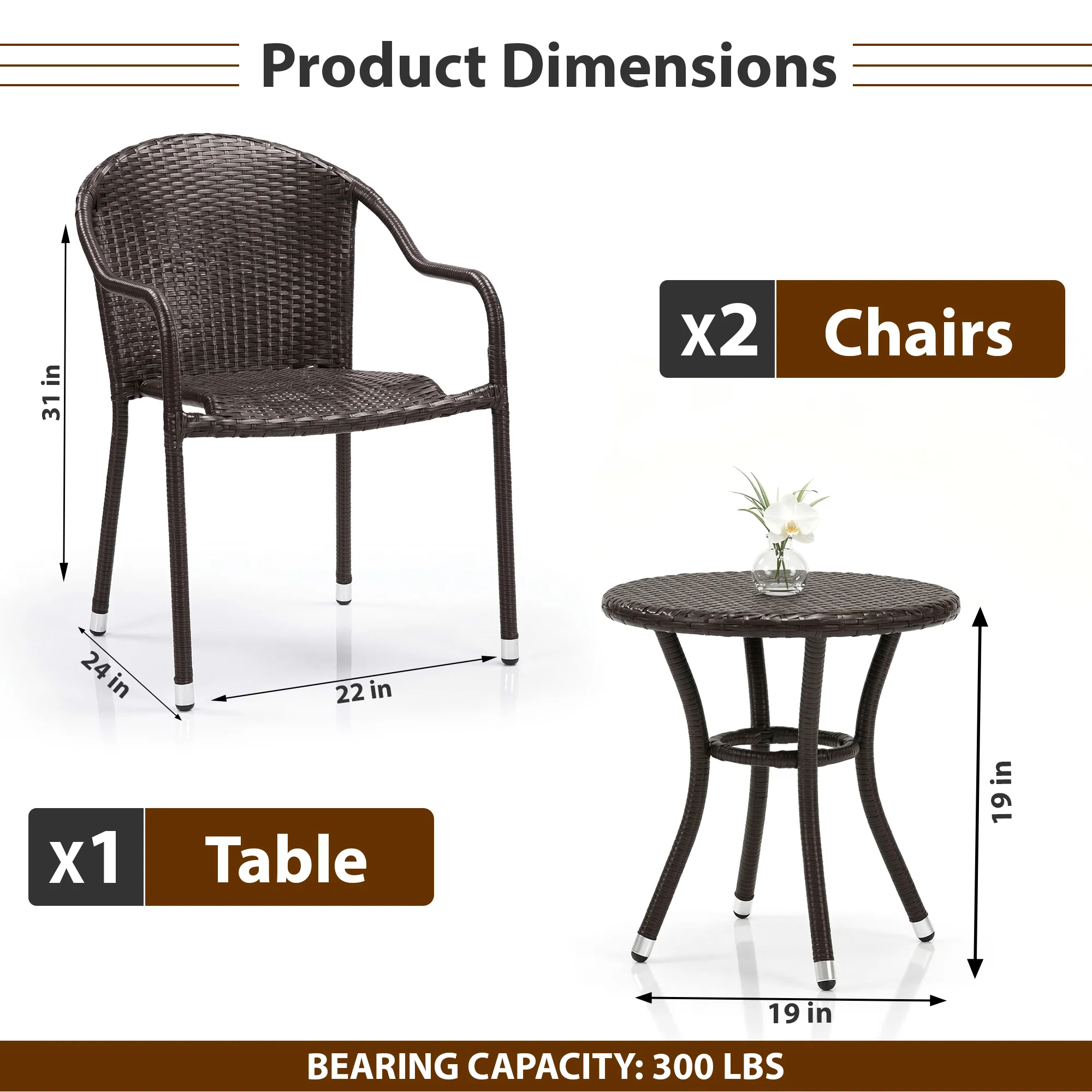 Bovina Outdoor Patio Seating Set 2 Chairs and 1 Table Set (Brown) - Image 3