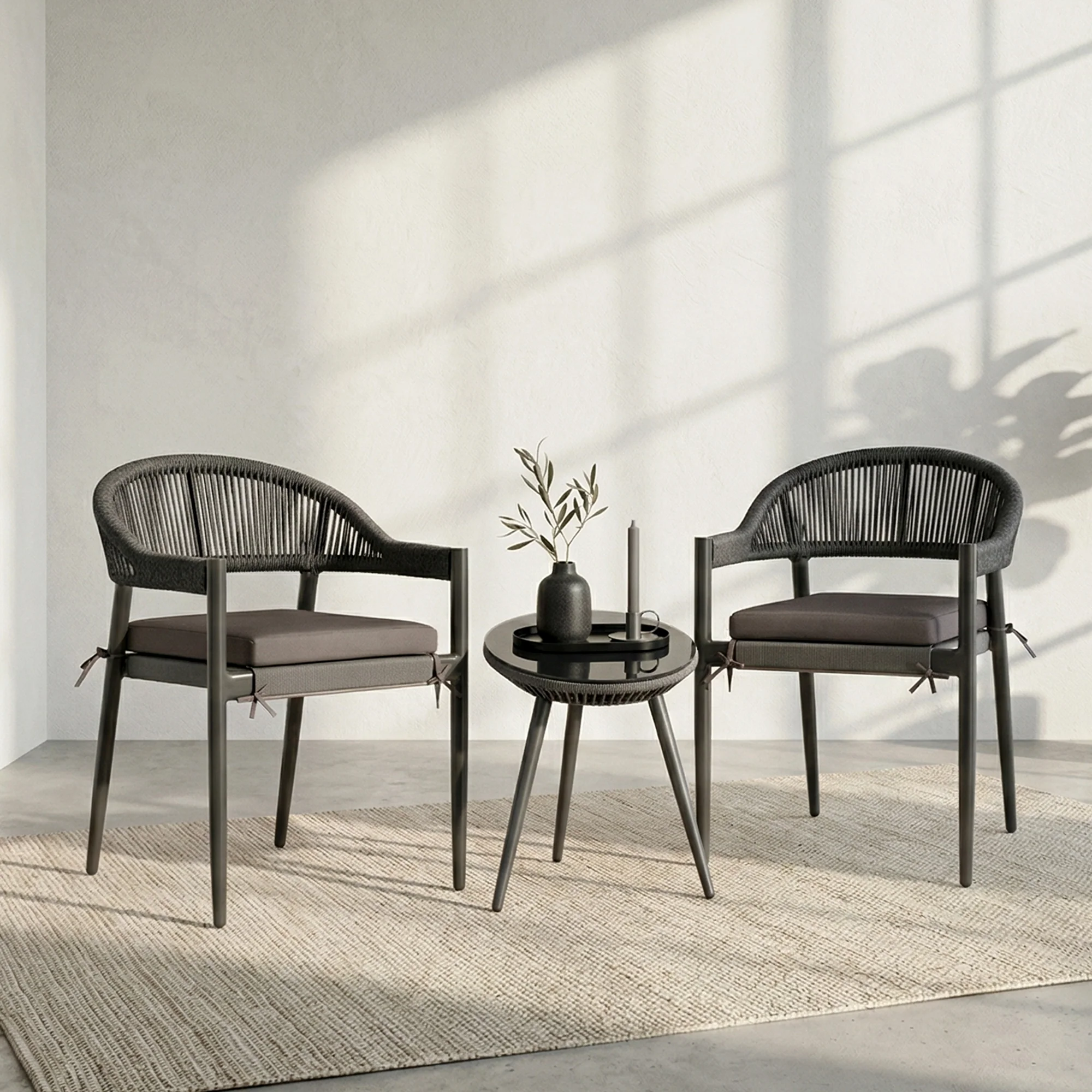 Brila Outdoor Patio Seating Set 2 Chairs and 1 Table Set (Black) Braided & Rope
