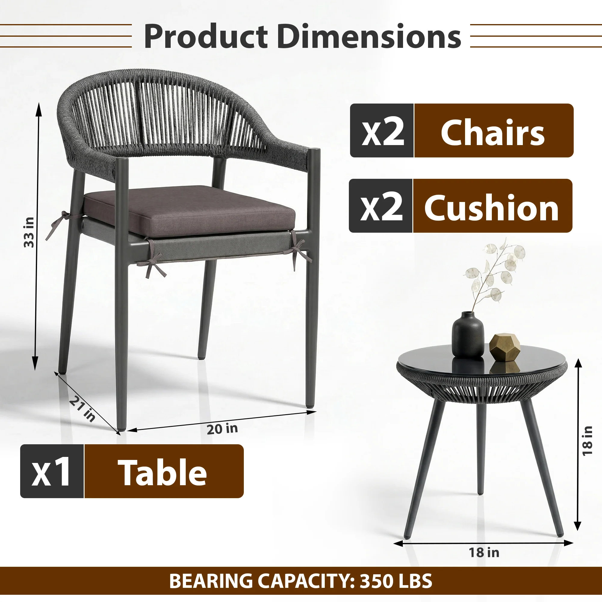 Brila Outdoor Patio Seating Set 2 Chairs and 1 Table Set (Black) Braided & Rope - Image 3
