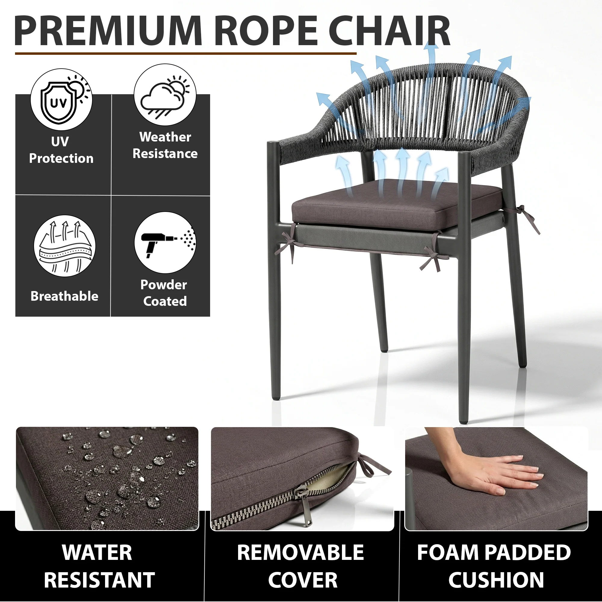 Brila Outdoor Patio Seating Set 2 Chairs and 1 Table Set (Black) Braided & Rope - Image 5