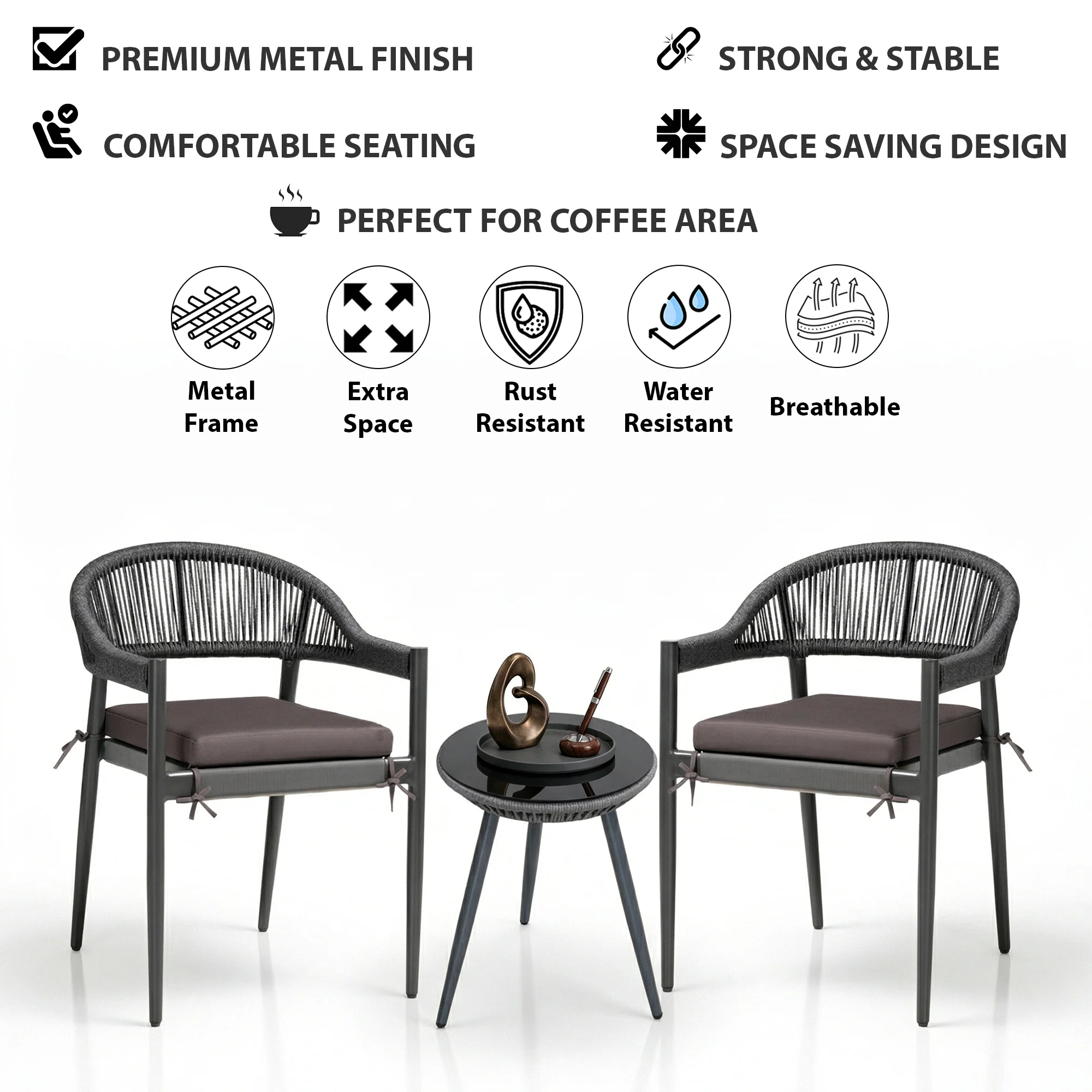 Brila Outdoor Patio Seating Set 2 Chairs and 1 Table Set (Black) Braided & Rope - Image 7