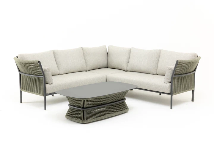 Capuano Outdoor Sofa Set 6 Seater,  1 Center Table and 1 Side Table Set (Olive Green) Braided & Rope - Image 2