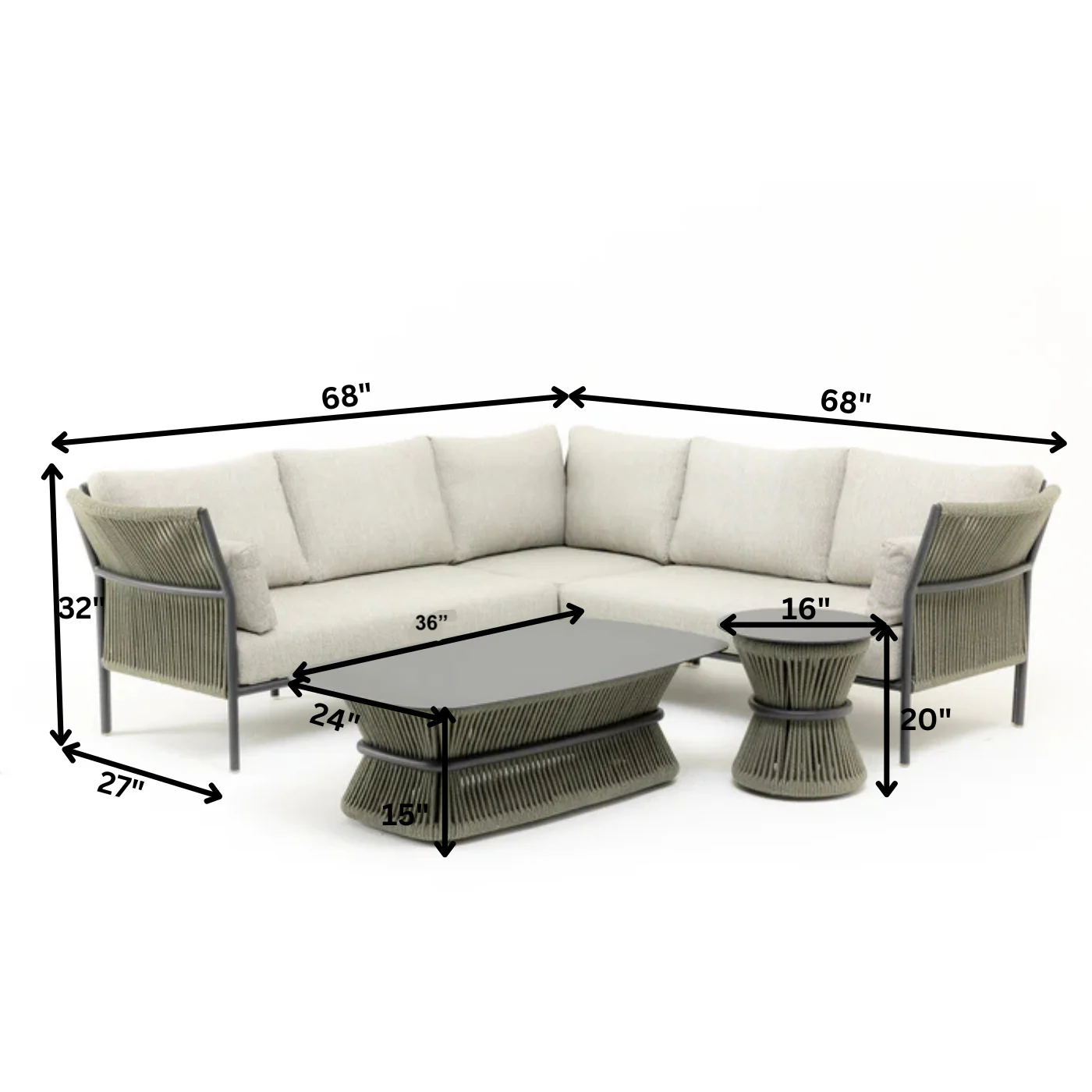 Capuano Outdoor Sofa Set 6 Seater,  1 Center Table and 1 Side Table Set (Olive Green) Braided & Rope - Image 3