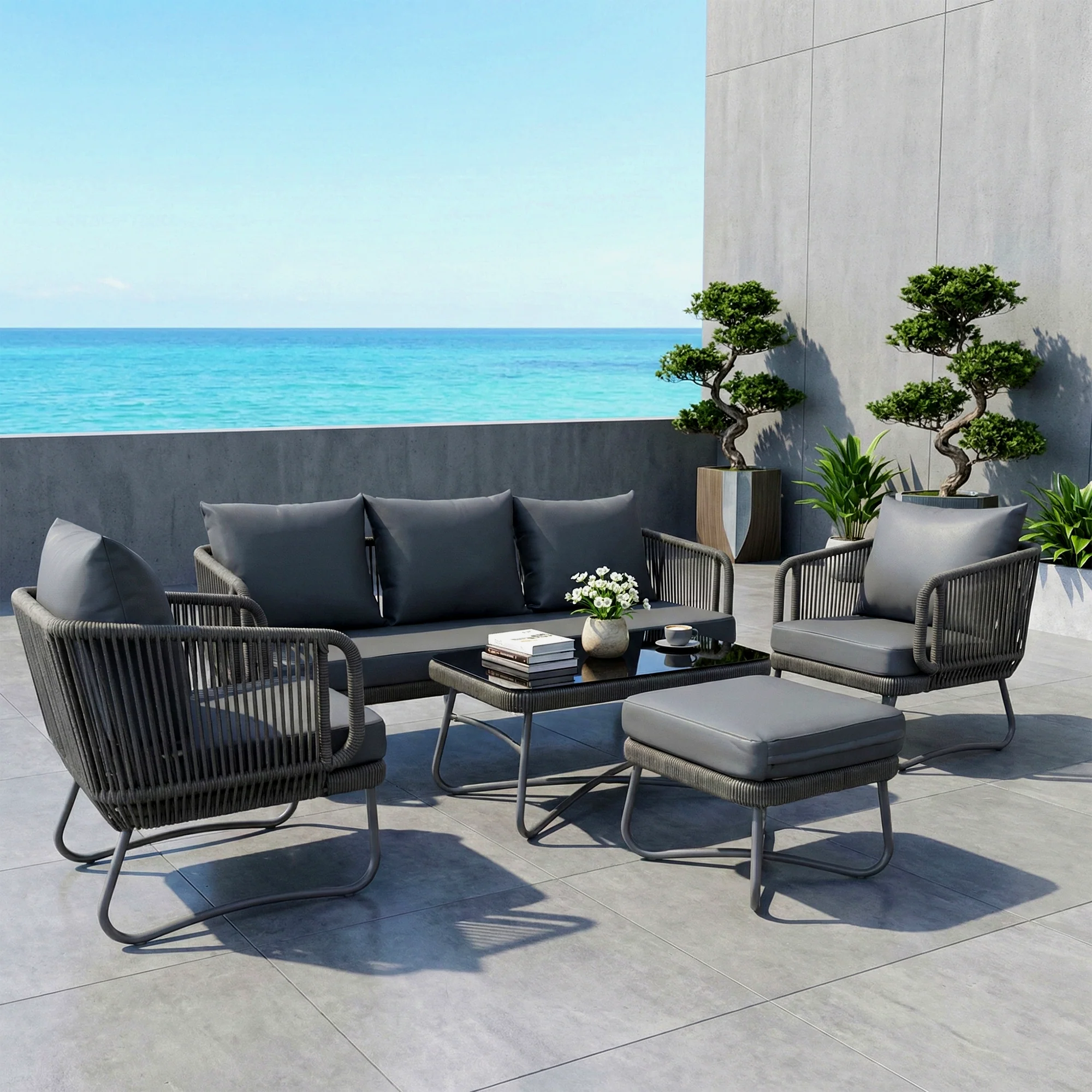 Castolo Outdoor Garden Balcony Sofa Set 3 Seater, 2 Single Seater 1 Ottoman and 1 Center Table Set Braid & Rope (Grey) - Image 2