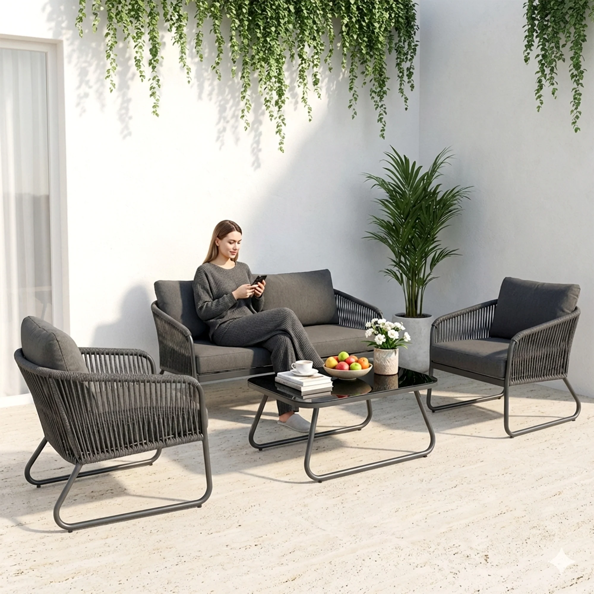 Casu Outdoor Garden Balcony Sofa Set 2 Seater, 2 Single seater and 1 Center Table (Grey) Braid & Rope