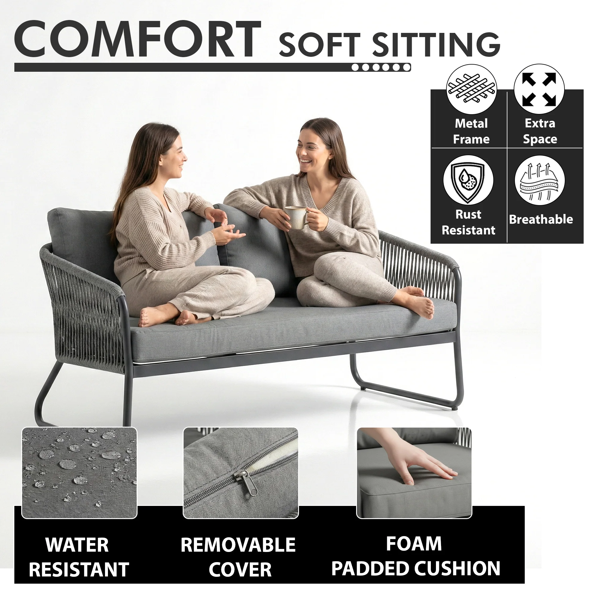 Casu Outdoor Garden Balcony Sofa Set 2 Seater, 2 Single seater and 1 Center Table (Grey) Braid & Rope - Image 2