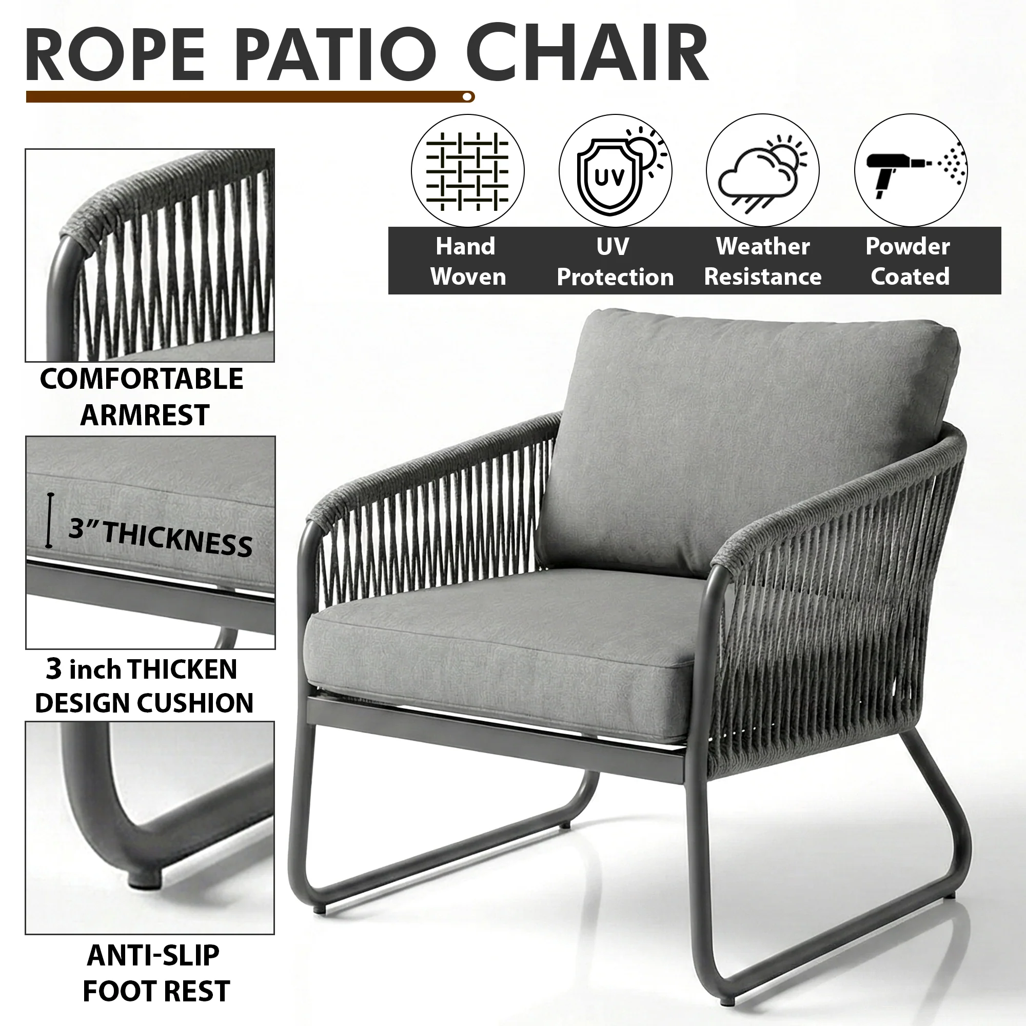 Casu Outdoor Garden Balcony Sofa Set 2 Seater, 2 Single seater and 1 Center Table (Grey) Braid & Rope - Image 3