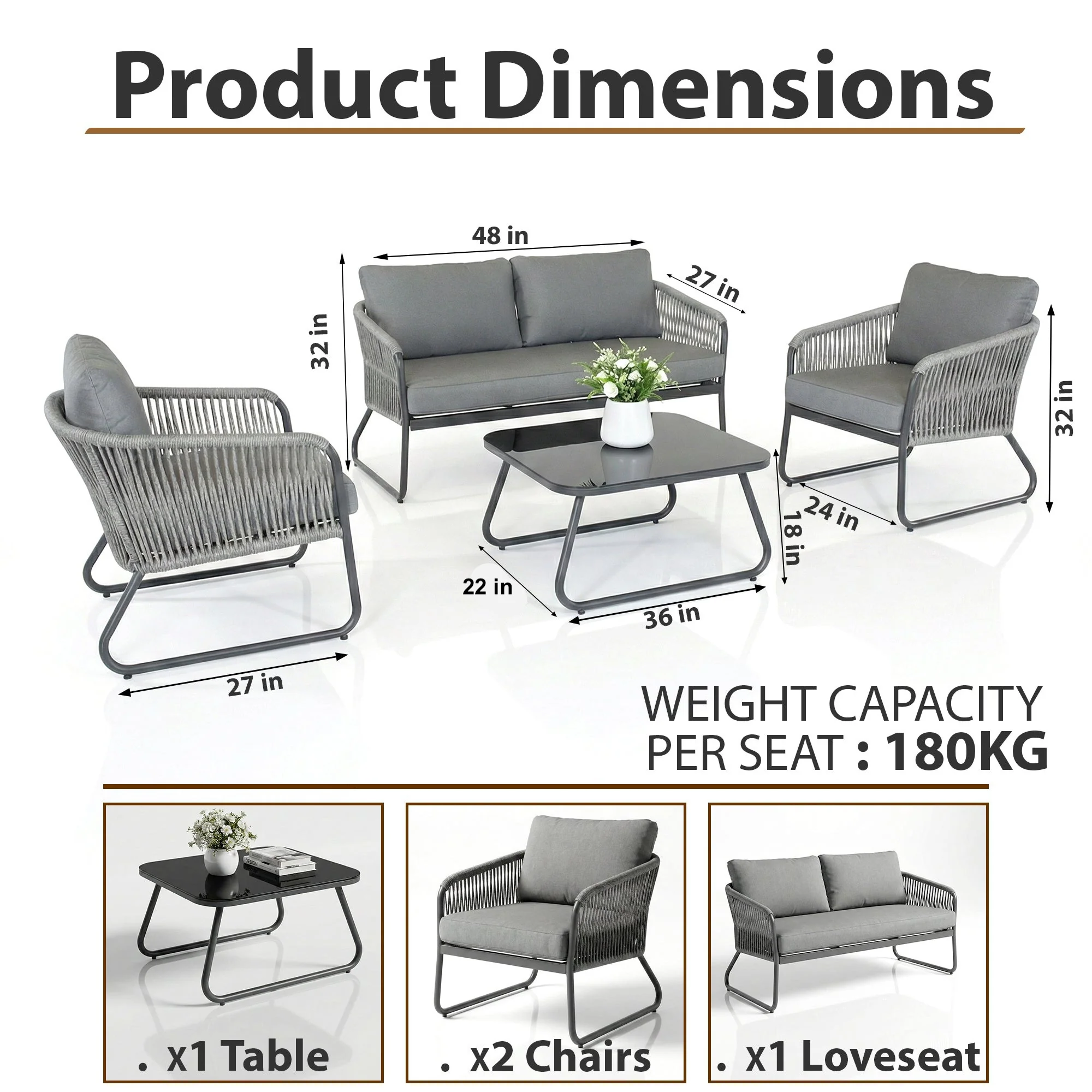 Casu Outdoor Garden Balcony Sofa Set 2 Seater, 2 Single seater and 1 Center Table (Grey) Braid & Rope - Image 7