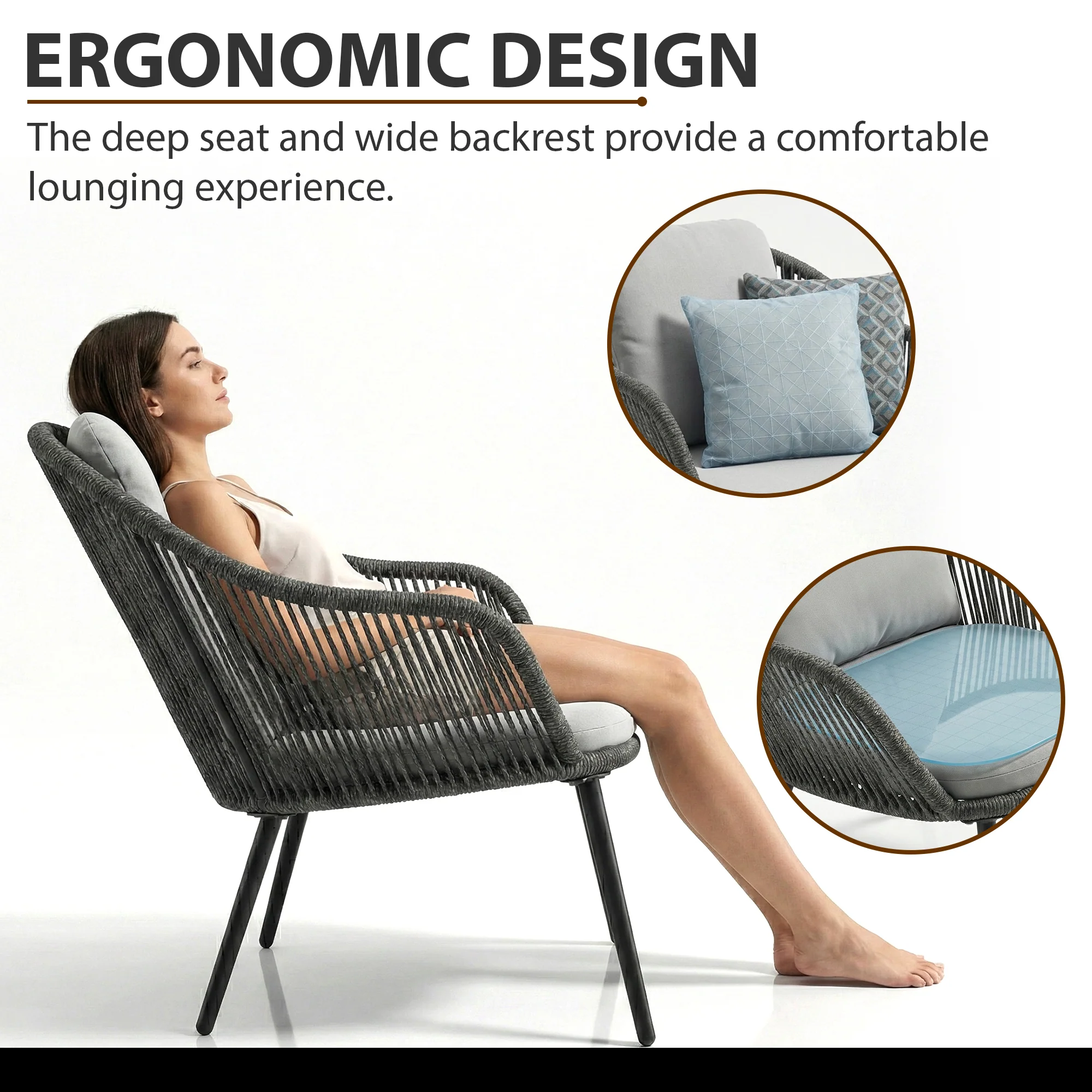 Conti Outdoor Patio Seating Set 2 Chairs and 1 Table Set (Grey) Braided & Rope - Image 3