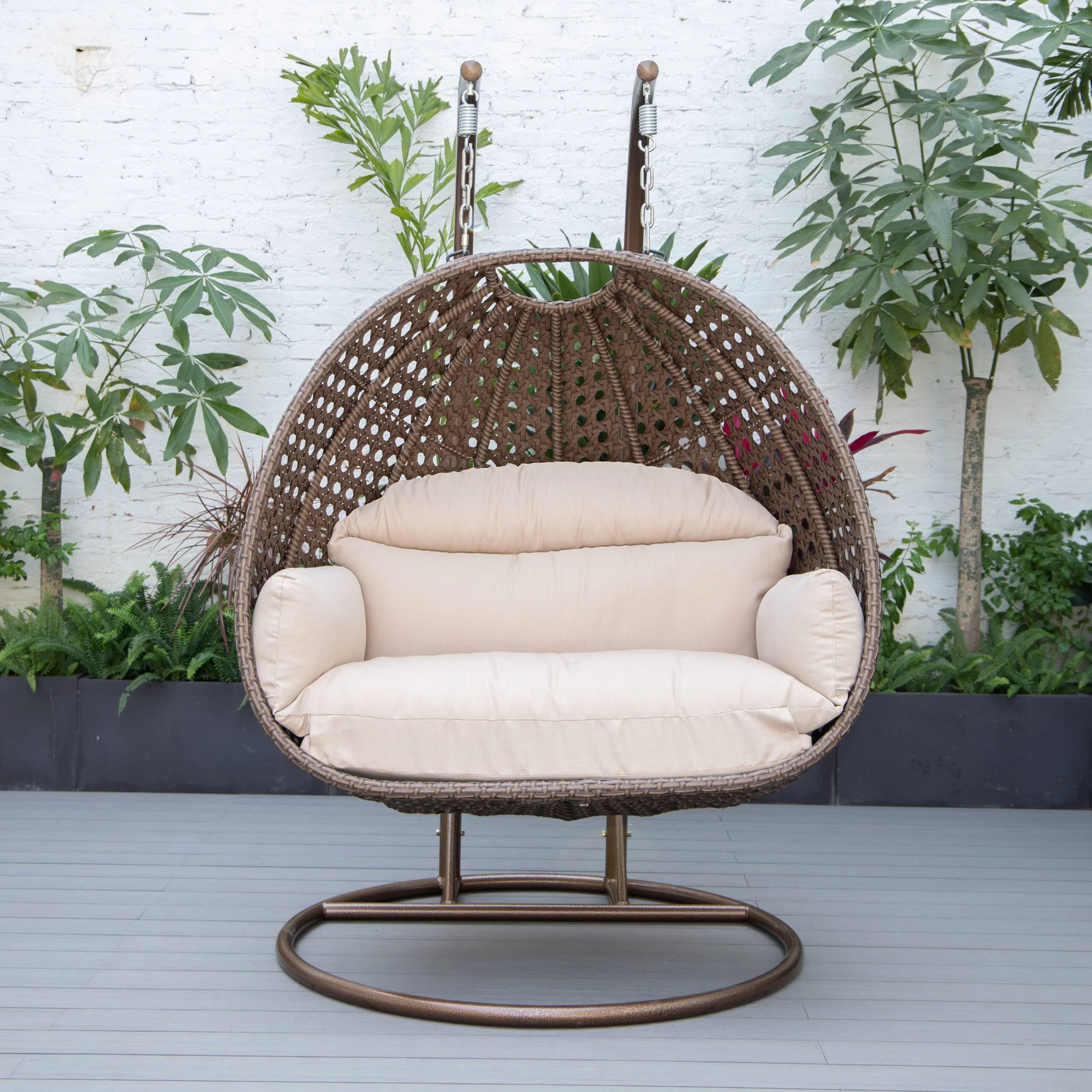 Longo Double Seater Hanging Swing With Stand For Balcony , Garden Swing (Brown)