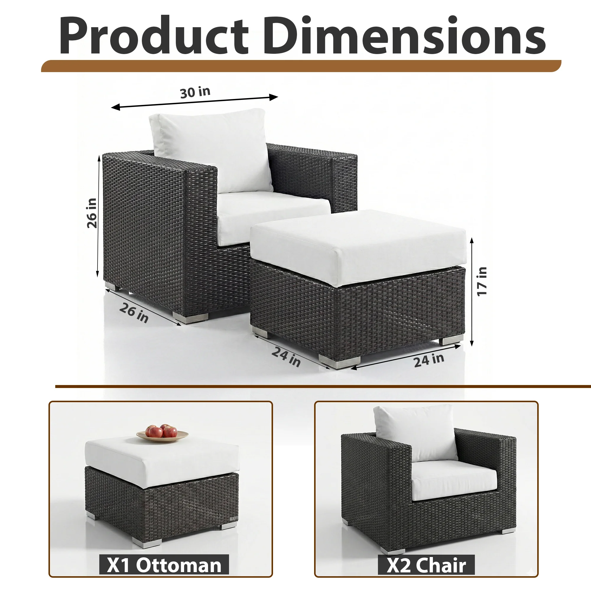 Cotta Outdoor Sofa Set 2 Single seater and 1 Ottoman (Brown + White) - Image 7
