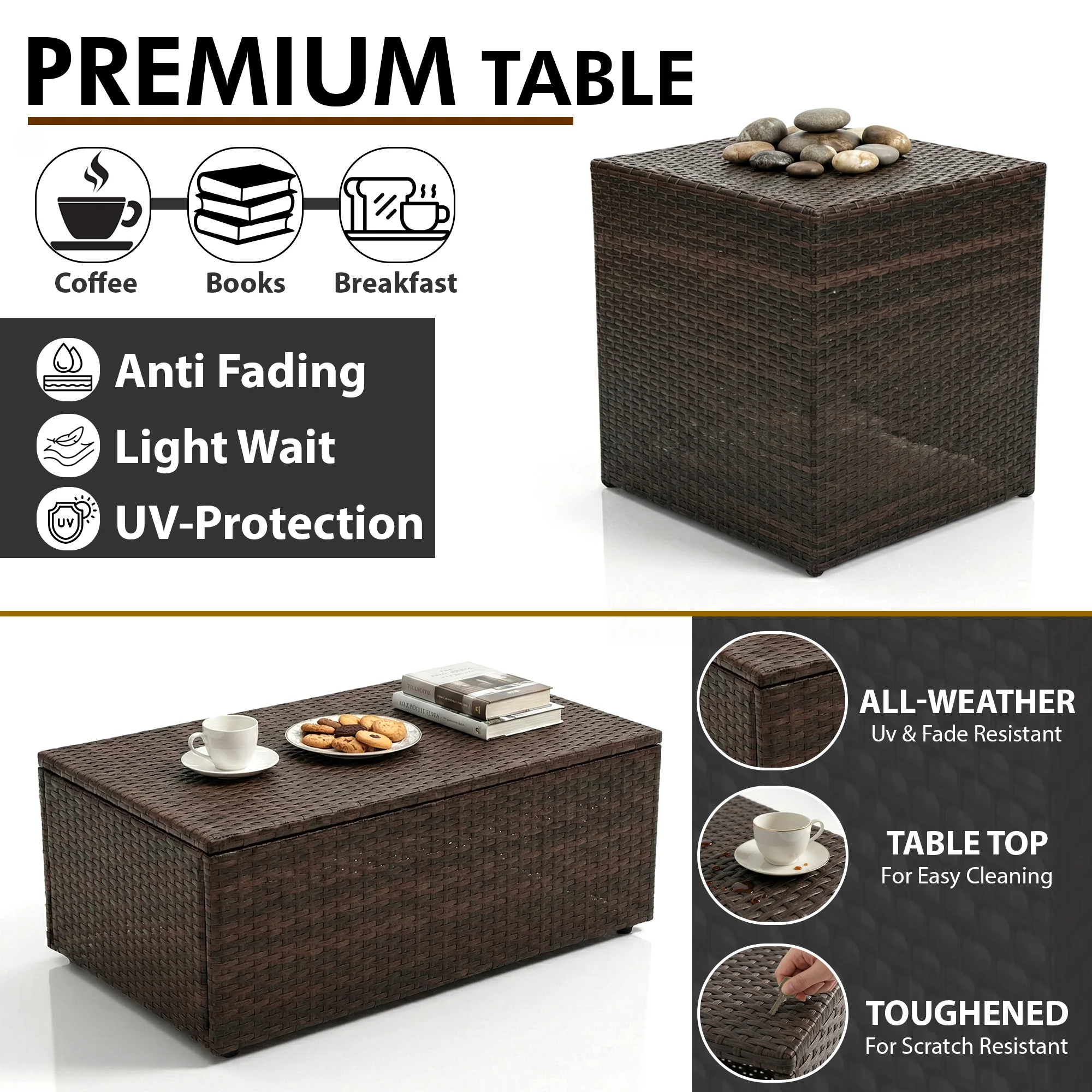 Coye Outdoor Garden Balcony Sofa Set 3 Seater, 2 Seater With 2 Single Seater and 1 Center Table With 1 Side Table Set (Brown) - Image 4