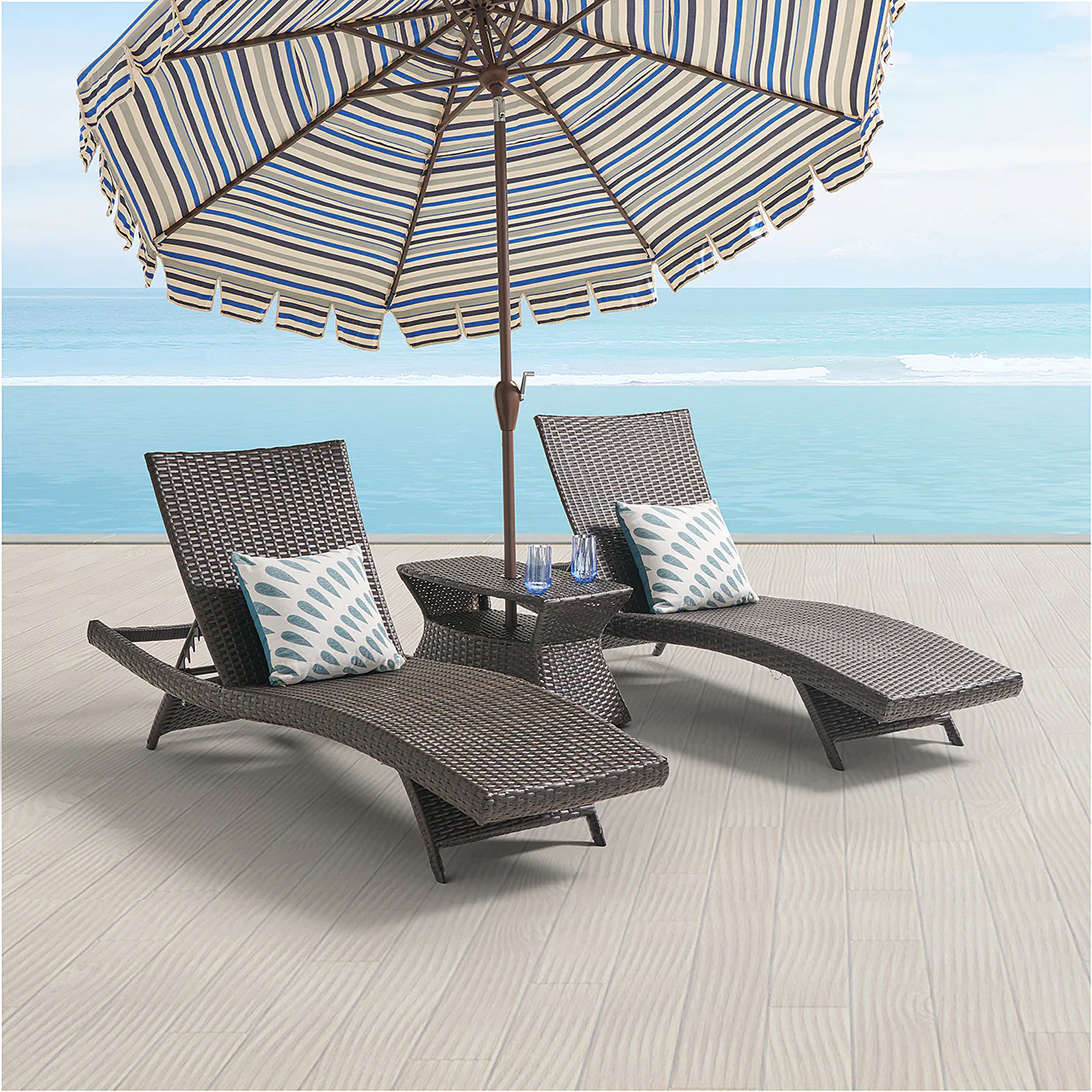 Curro Outdoor Swimming Poolside Lounger (Set of 2) With 1 Side Table (Brown) - Image 2
