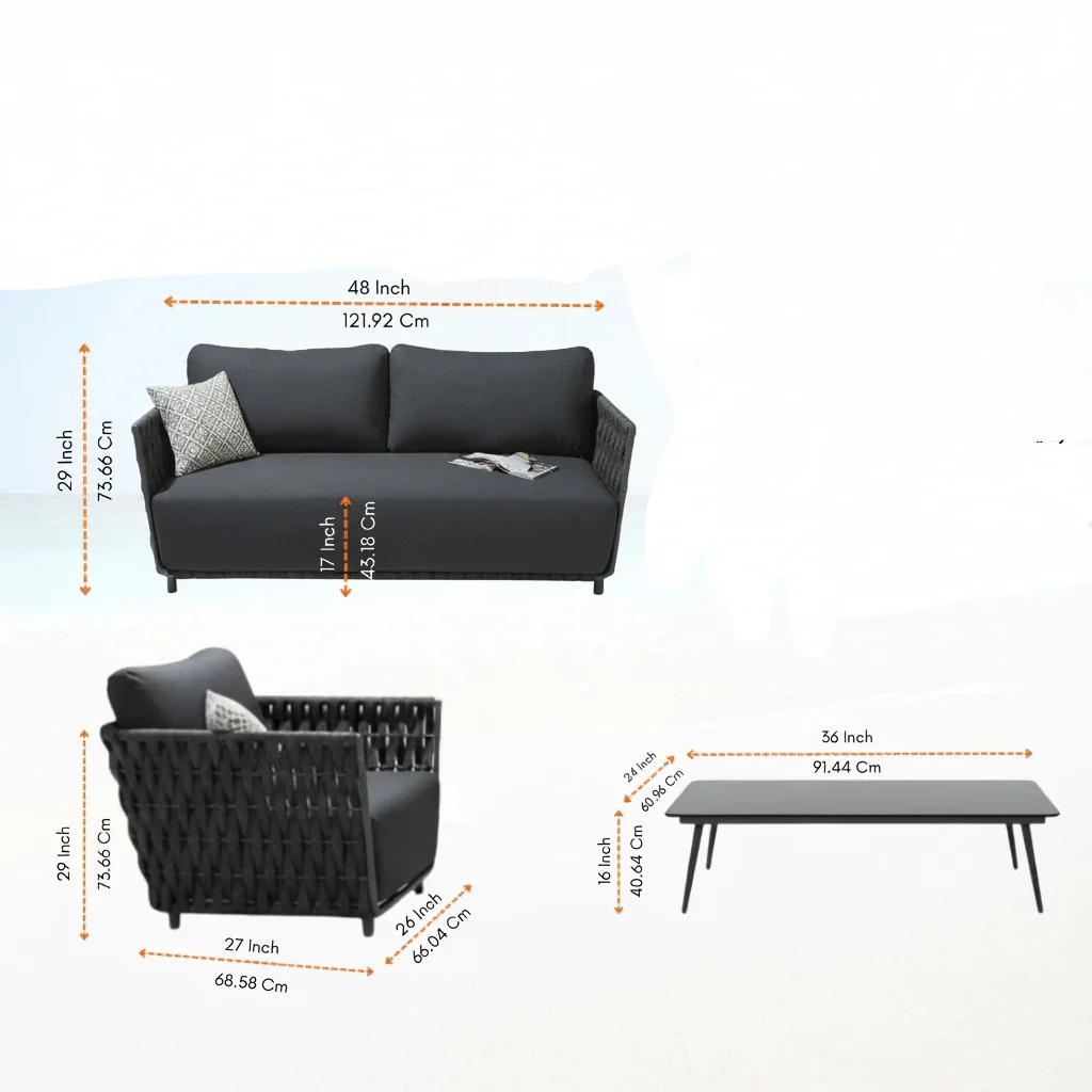 Deifilia Outdoor Sofa Set 2 Seater, 2 Single seater and 1 Center Table (Dark Grey) Braided & Rope - Image 3