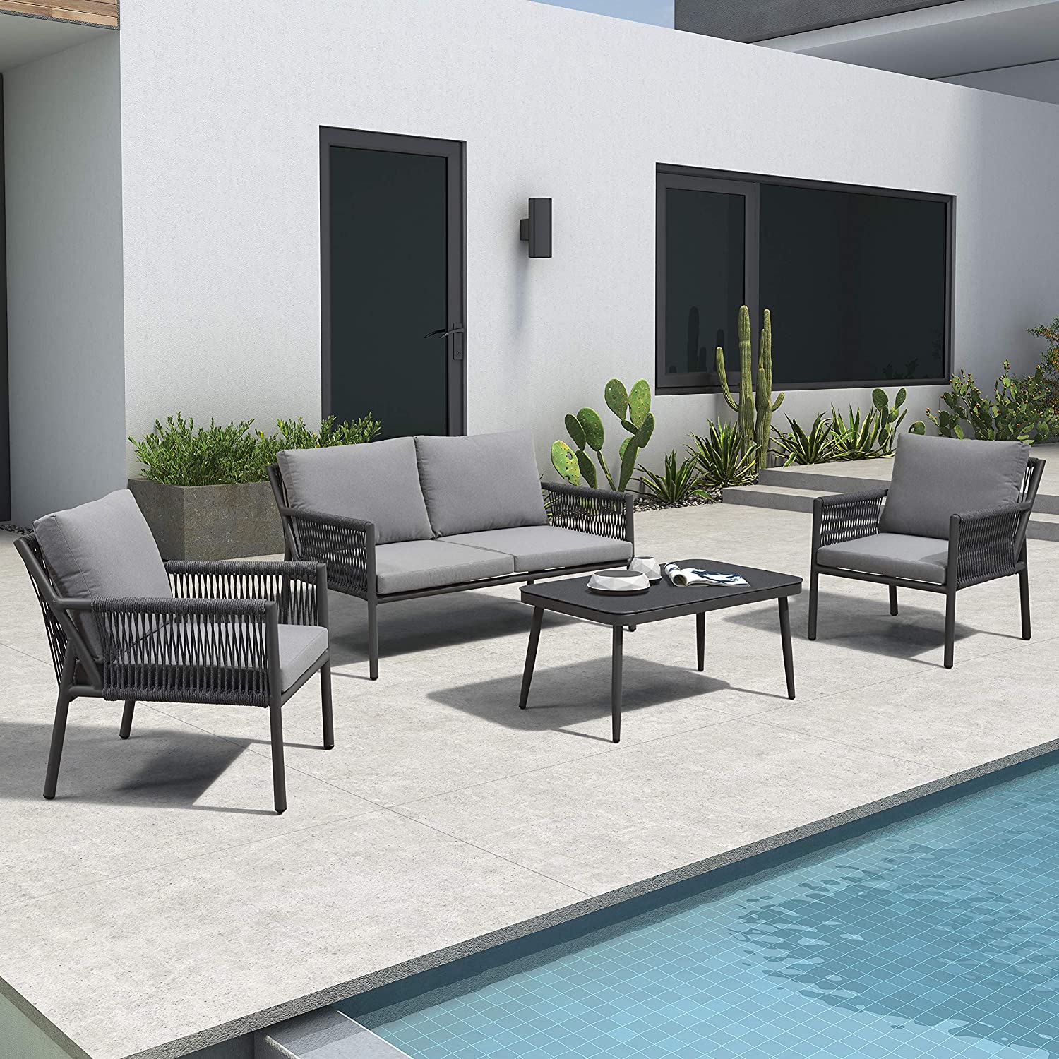 Deny Outdoor Sofa Set 2 Seater , 2 Single seater and 1 Center Table Set (Grey) Braided & Rope - Image 2