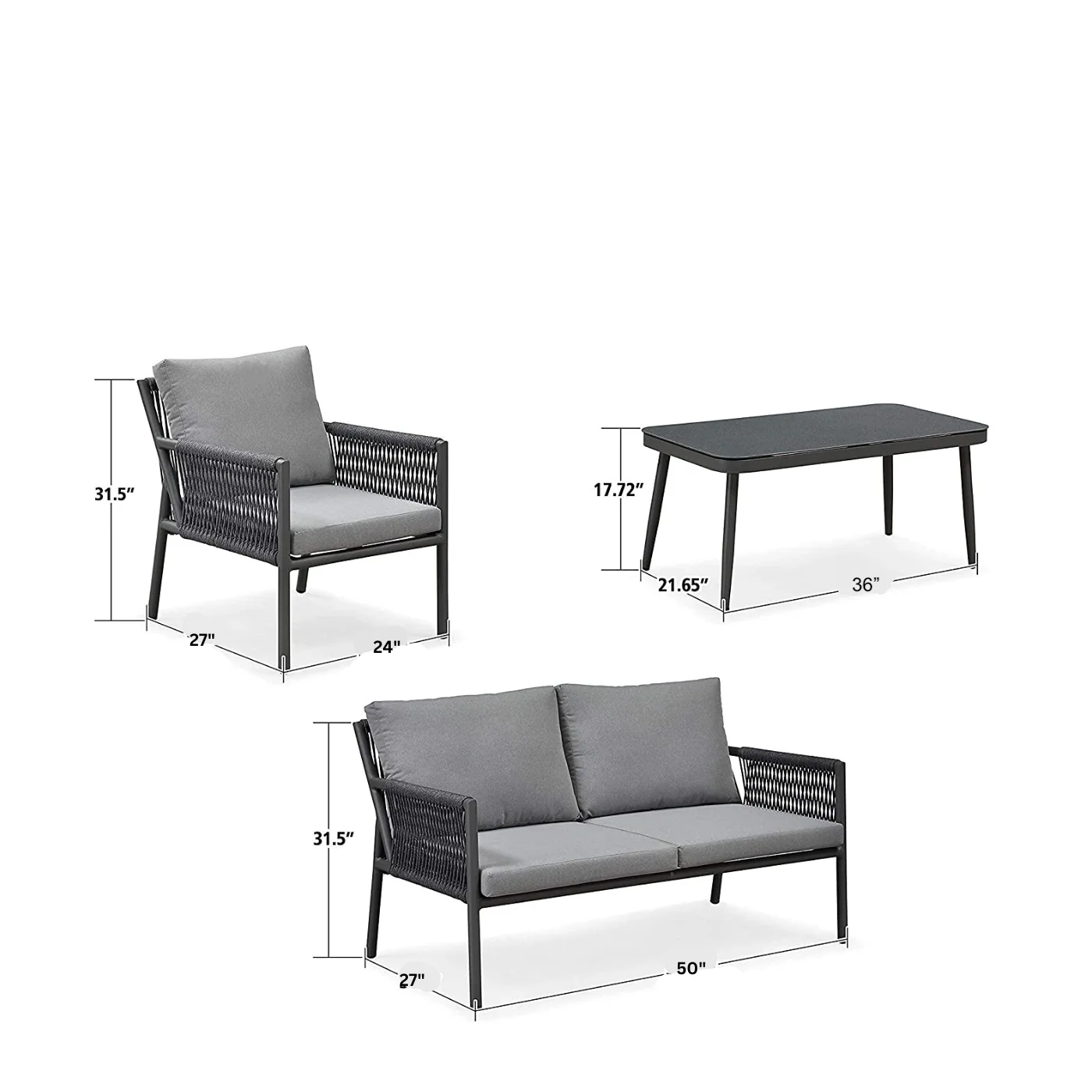 Deny Outdoor Sofa Set 2 Seater , 2 Single seater and 1 Center Table Set (Grey) Braided & Rope - Image 7