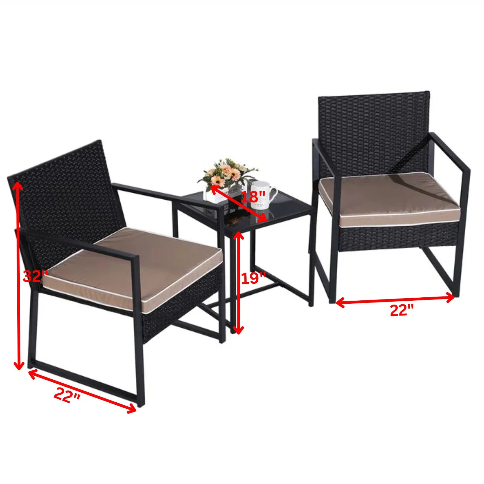 Drish Outdoor Patio Seating Set 2 Chairs and 1 Table Set (Black) - Image 5