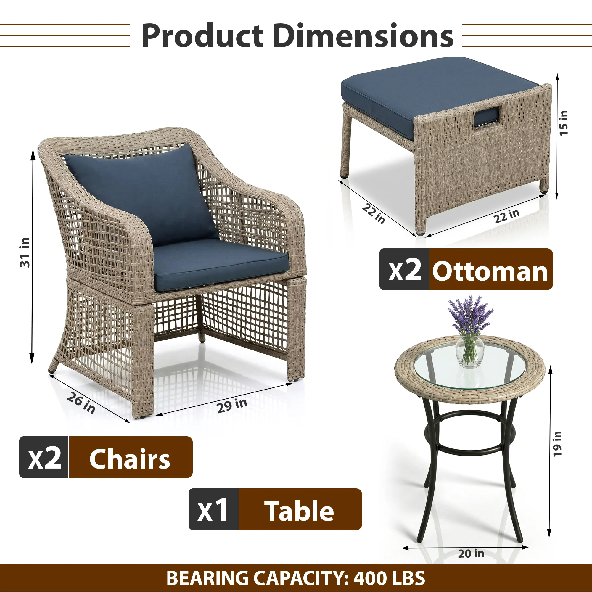 Chou OUTDOOR PATIO SEATING SET 2 CHAIRS 2 OTTOMAN AND TABLE SET (BROWN) - Image 7