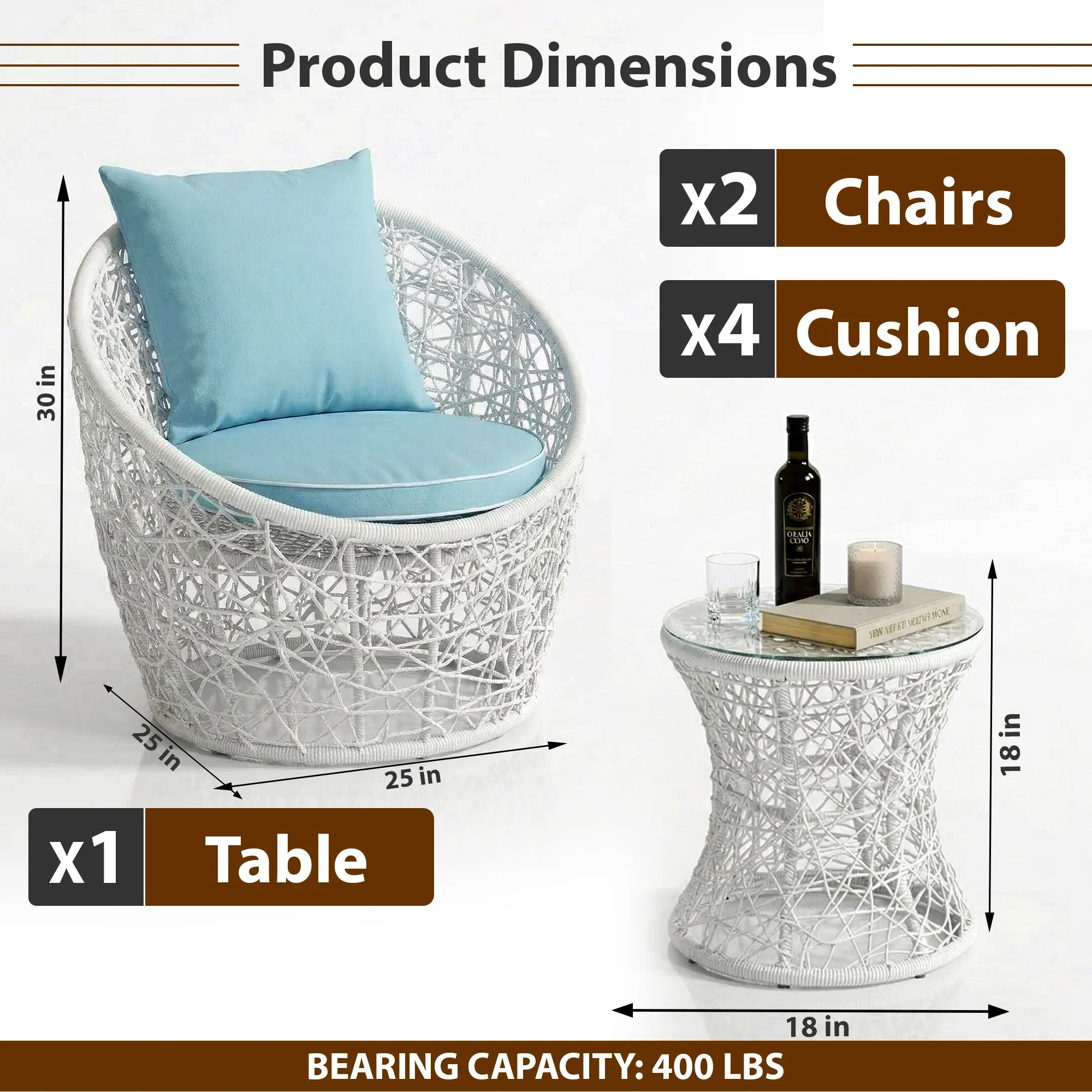 Rockstar Outdoor Patio Seating Set 2 Chairs and 1 Table Set (White) - Image 3