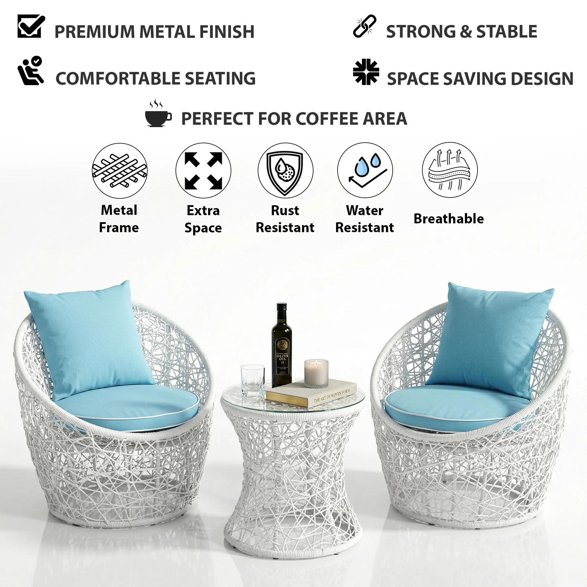 Rockstar Outdoor Patio Seating Set 2 Chairs and 1 Table Set (White) - Image 7