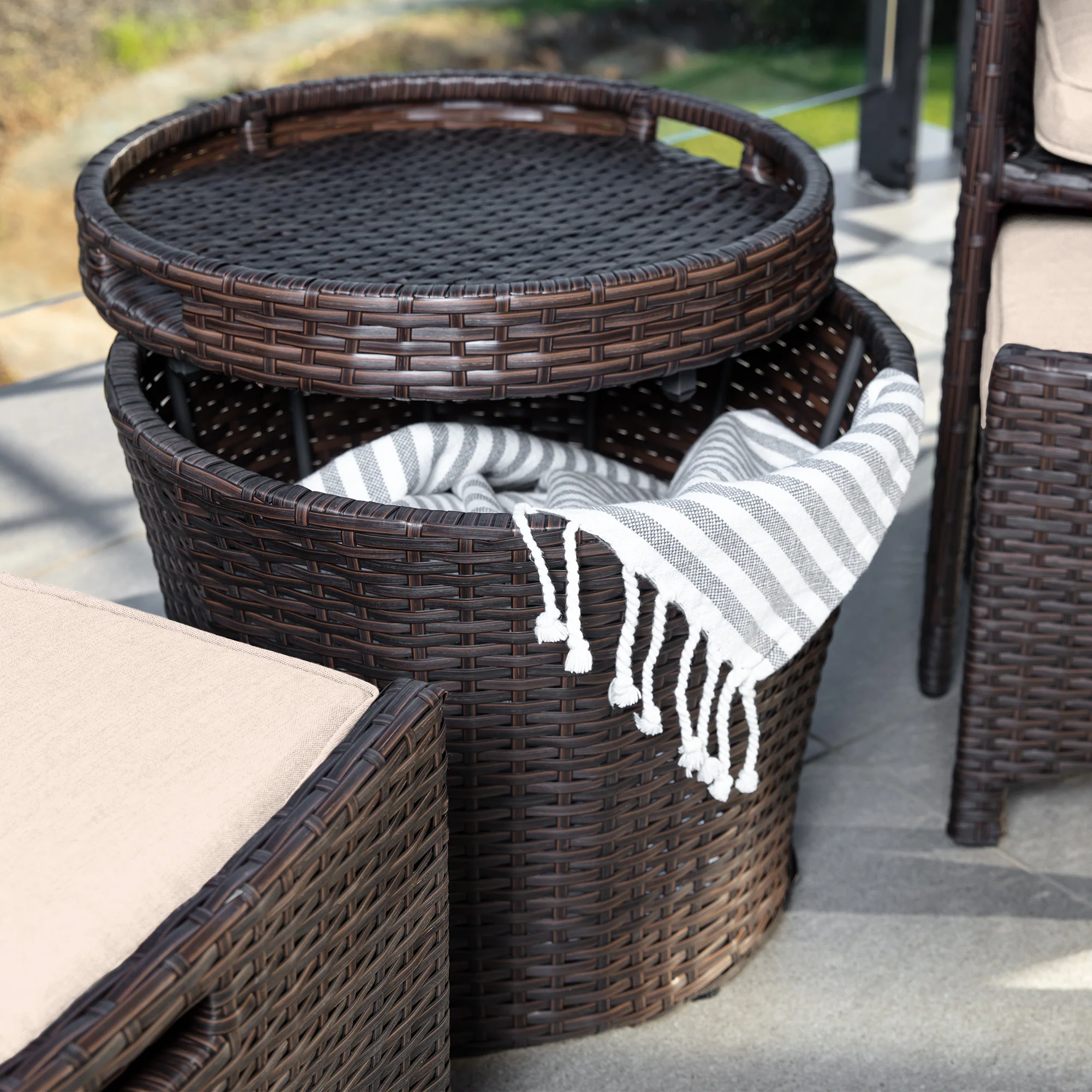 Arokya Outdoor Patio Seating Set 2 Chairs 2 Ottoman and Table Set (Brown) - Image 4