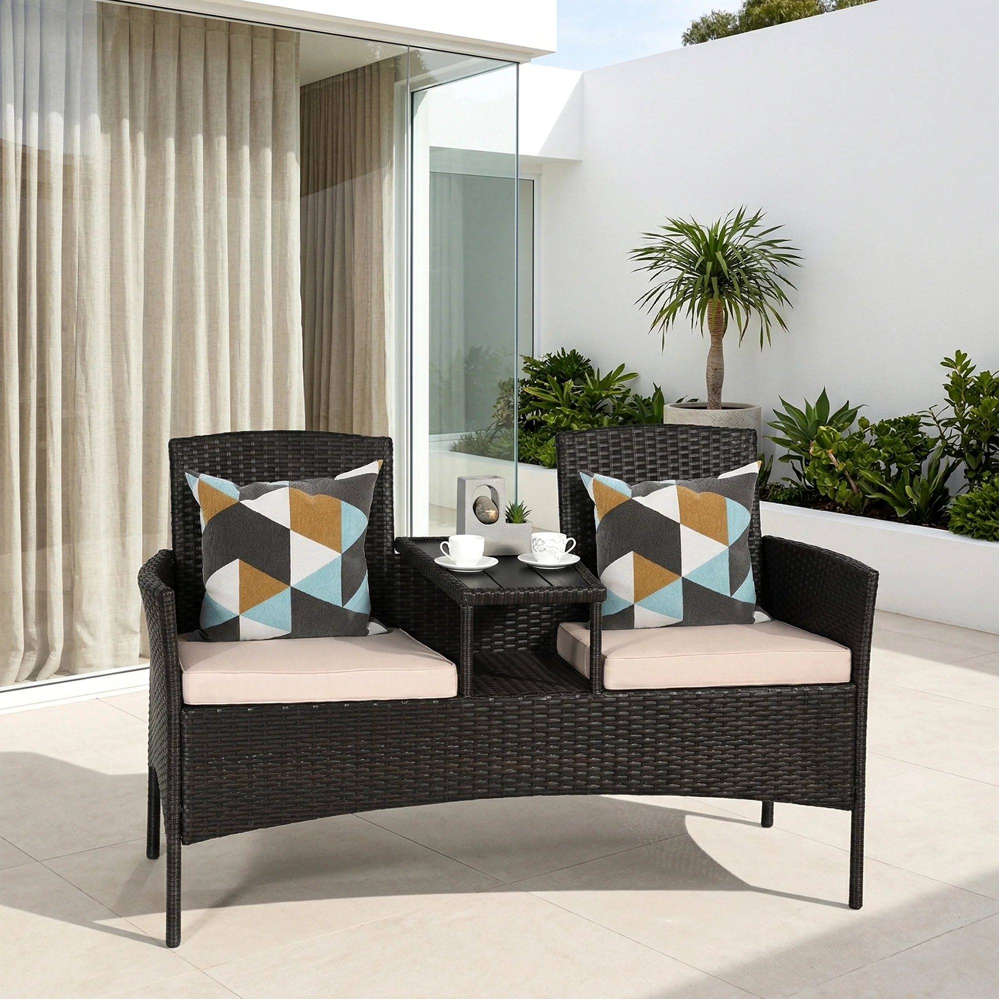 Dreamline Outdoor Furniture Garden Patio Seating Set of 2 Attached Chairs and Table Set Balcony Furniture Coffee Table Set(Black)