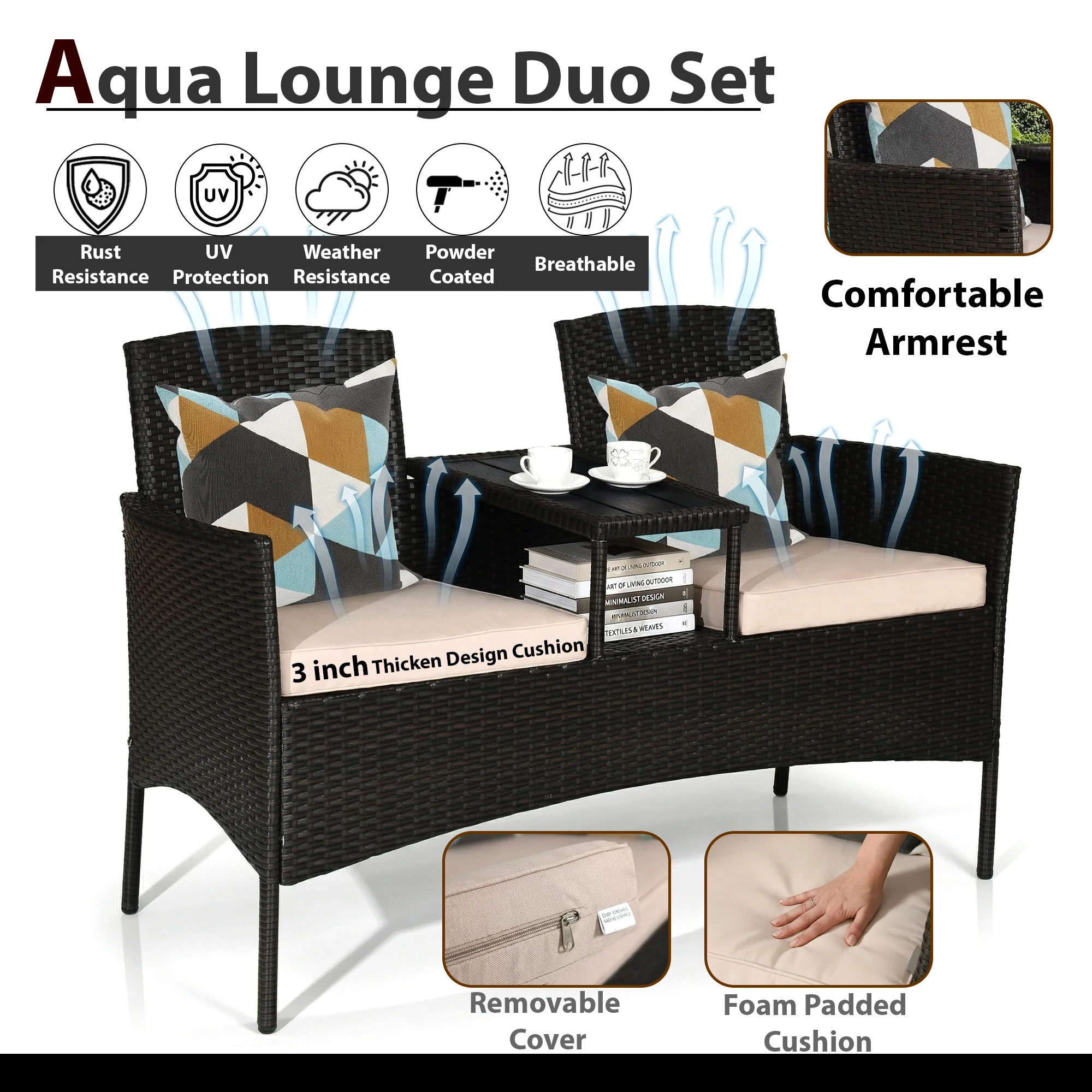 Dreamline Outdoor Furniture Garden Patio Seating Set of 2 Attached Chairs and Table Set Balcony Furniture Coffee Table Set(Black) - Image 4